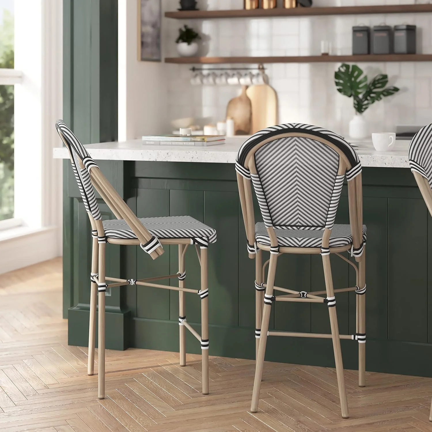 Mael French Bistro  Stacking Counter Stools - Indoor/Outdoor Textilene Back  Seat - Light Bamboo Finish Metal Frame - Set of Two - Black/White