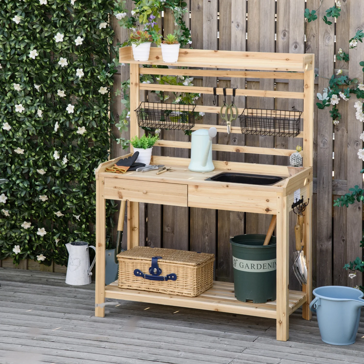 LEIYEHOOM Potting Bench   Garden Work Bench  Workstation with Metal Sieve Screen  Removable Sink  Additional Hooks and Baskets for Patio  Courtyards  Balcony  Natural