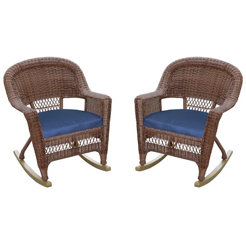 Jeco W00205R-C_2-FS011 Honey Rocker Wicker Chair With Midnight Blue Cushion - Set Of 2