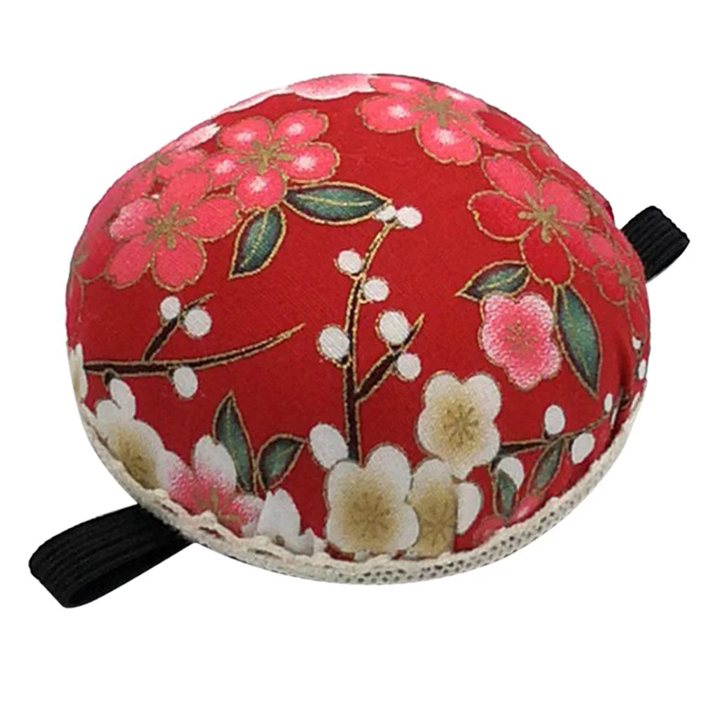 Vintage Pin Cushion, Printed Fabric Pincushions, Round Shaped Pin Cushion, Sewing Cushion with Elastic Wrist Belt, for Sewing Quilting Red