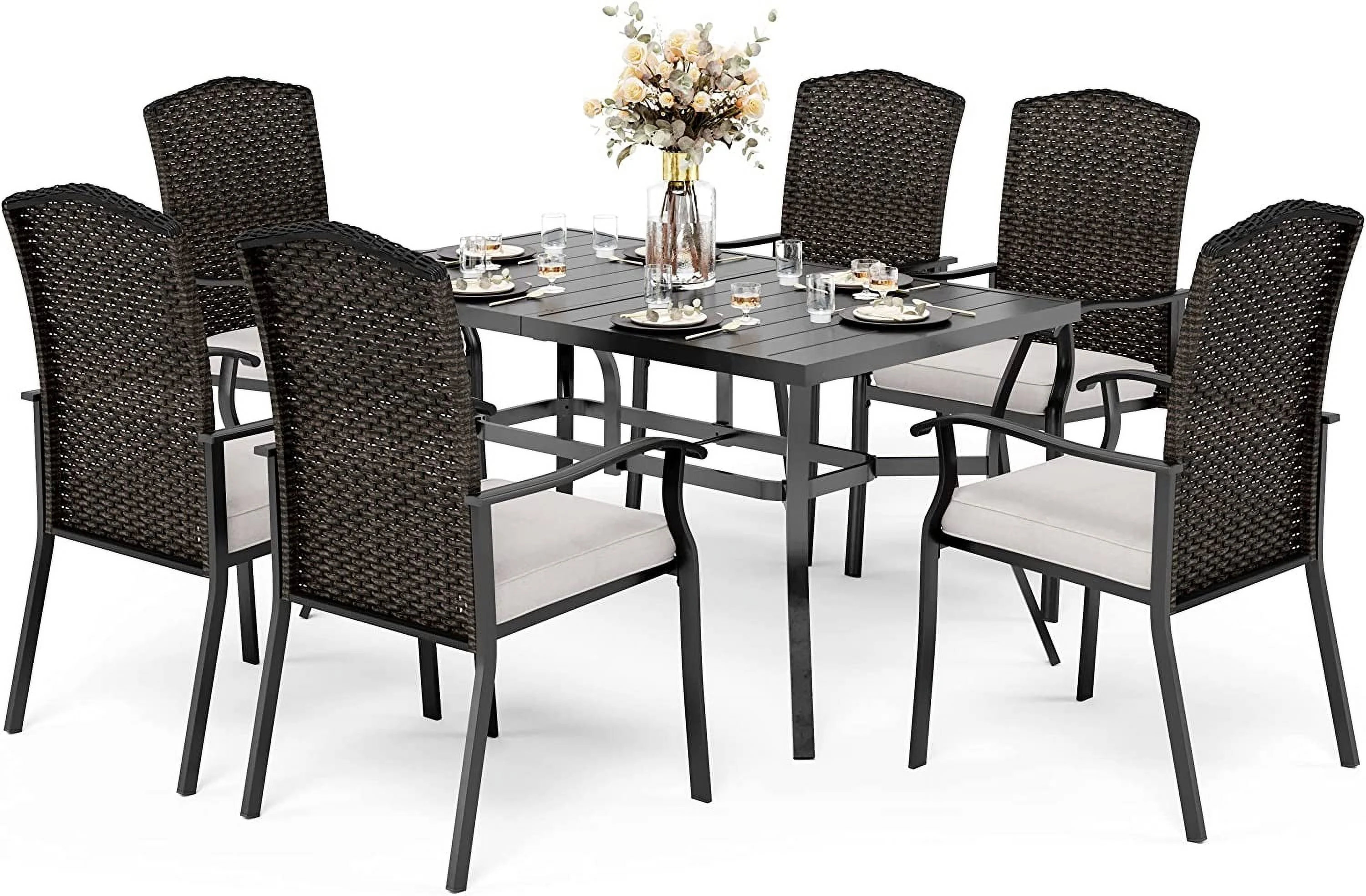 VALLEY Patio Dining Set 5 PCS C Spring Outdoor Dining Sets Wicker Patio Chairs with Cushion 37\u201Dx37\u201Dx28\u201DSquare Table 1.57" Umbrella Hole for Outdoor Kitchen Lawn Garden.