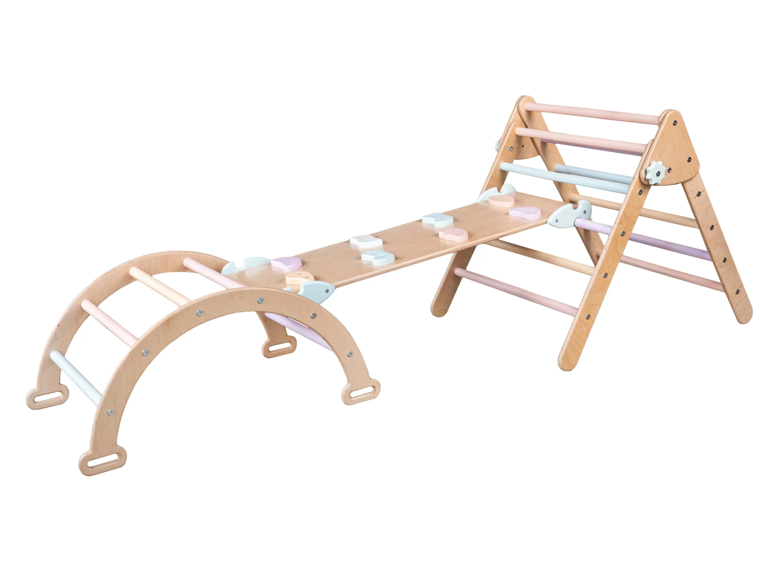 Woodandhearts Montessori Playground: Triangle &Ramp & Arch, Indoor Playing Room, Natural and Pastel color, for Kids up to 4 Years