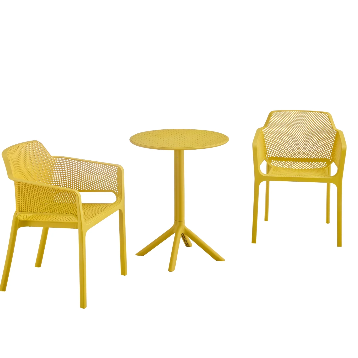 Enhance Your Outdoor Dining Experience with this Stylish  Elegant 3-Piece Premium Ocean Plastic Bistro Chair Set. Featuring Modern Mustard Yellow Plastic Arms for a Vibrant Touch. Ideal f