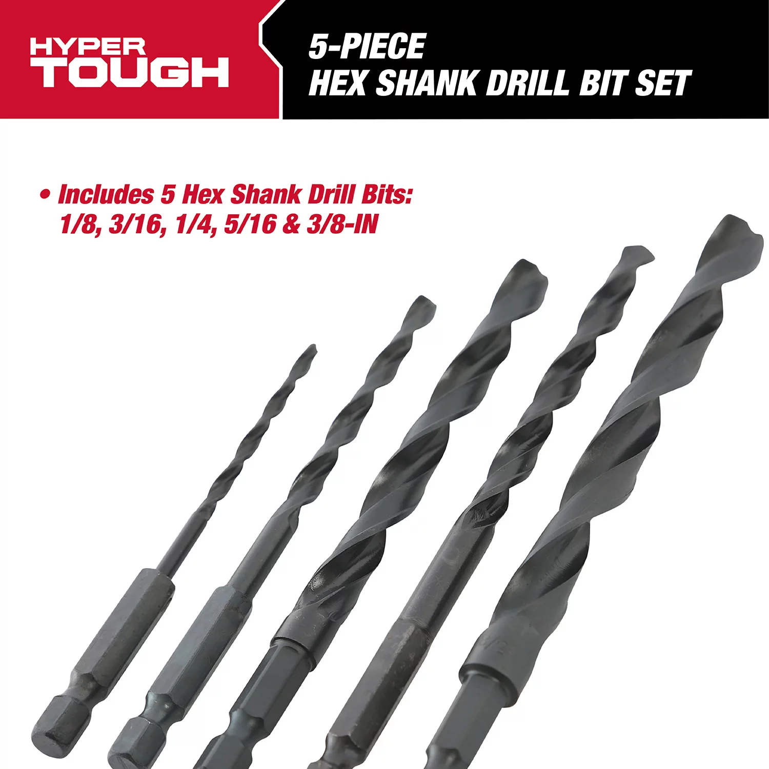 Hyper Tough 1/4-inch Hex Shank Drill Bit Set, 5-Piece
