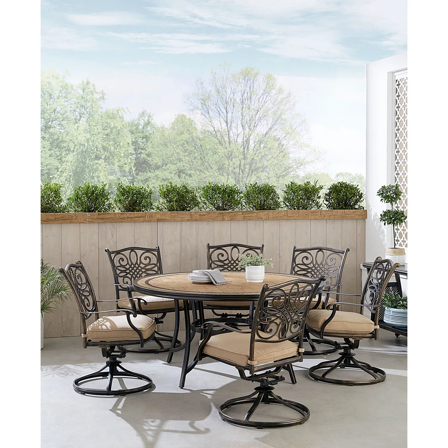 Hanover Monaco 7-Piece Dining Set in Tan with Six Swivel Rockers and a 60-in. Tile-Top Table