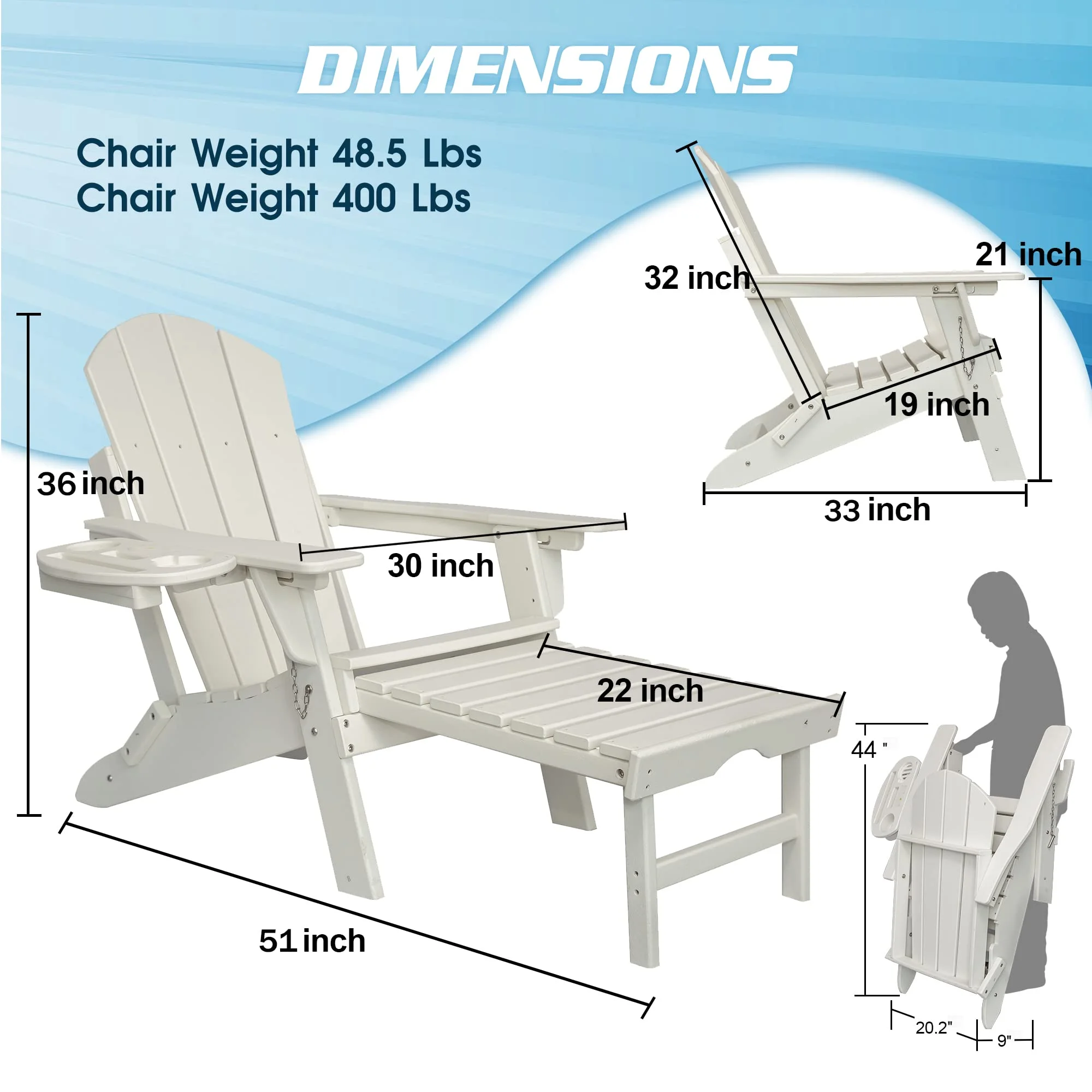 Folding Adirondack Chair with Retractable Ottoman, HDPE All-Weather Resistant Adjustable Backrest Adirondack Chair w/4 in 1 Cup Holder Trays, White