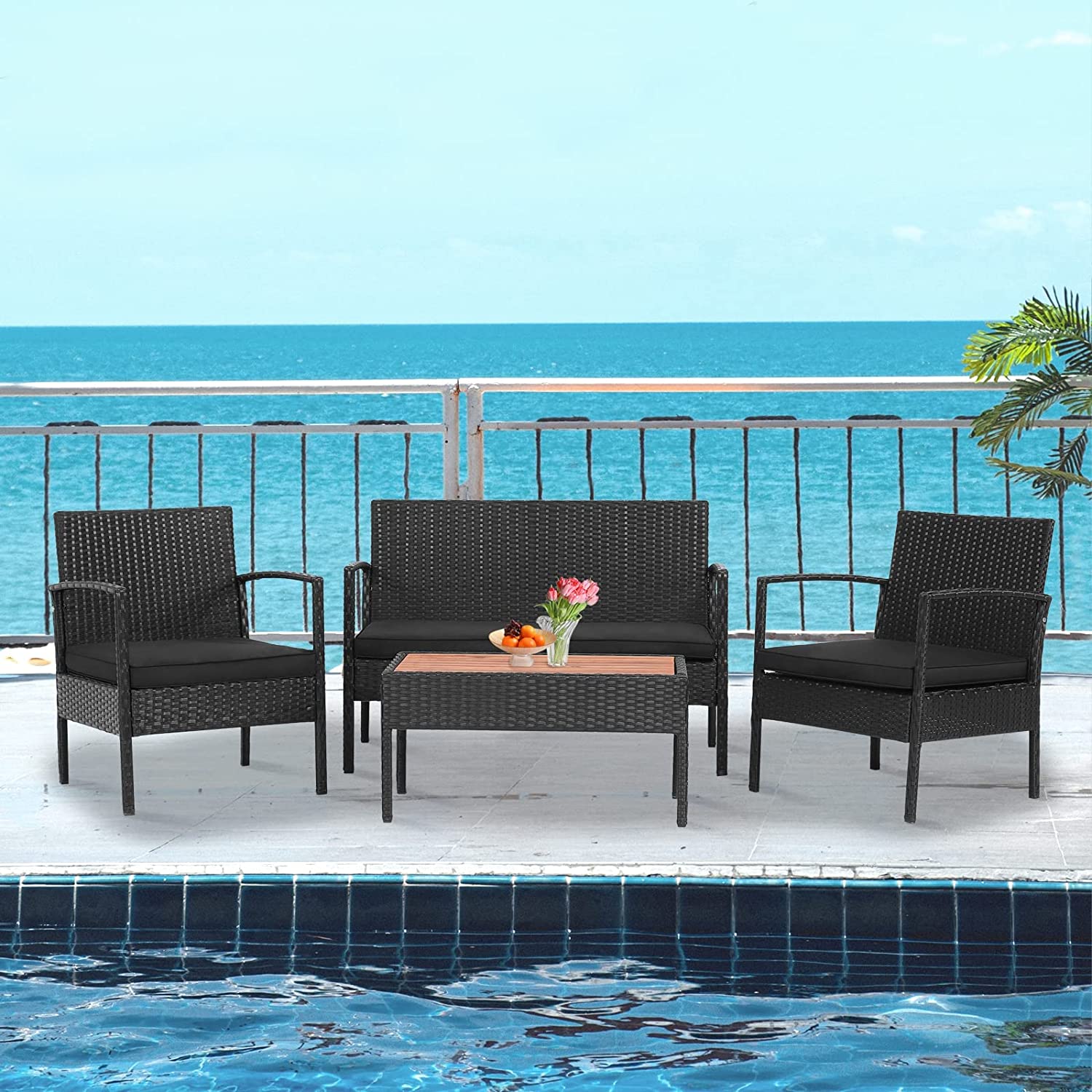 Dina 4 Piece Patio Rattan Conversation Set  Outdoor Wicker Sofa Furniture Set W/Loveseat & 2 Single Chairs  Acacia Wood Tabletop  Outside Sectional Set for Poolside  Deck  Garden (1