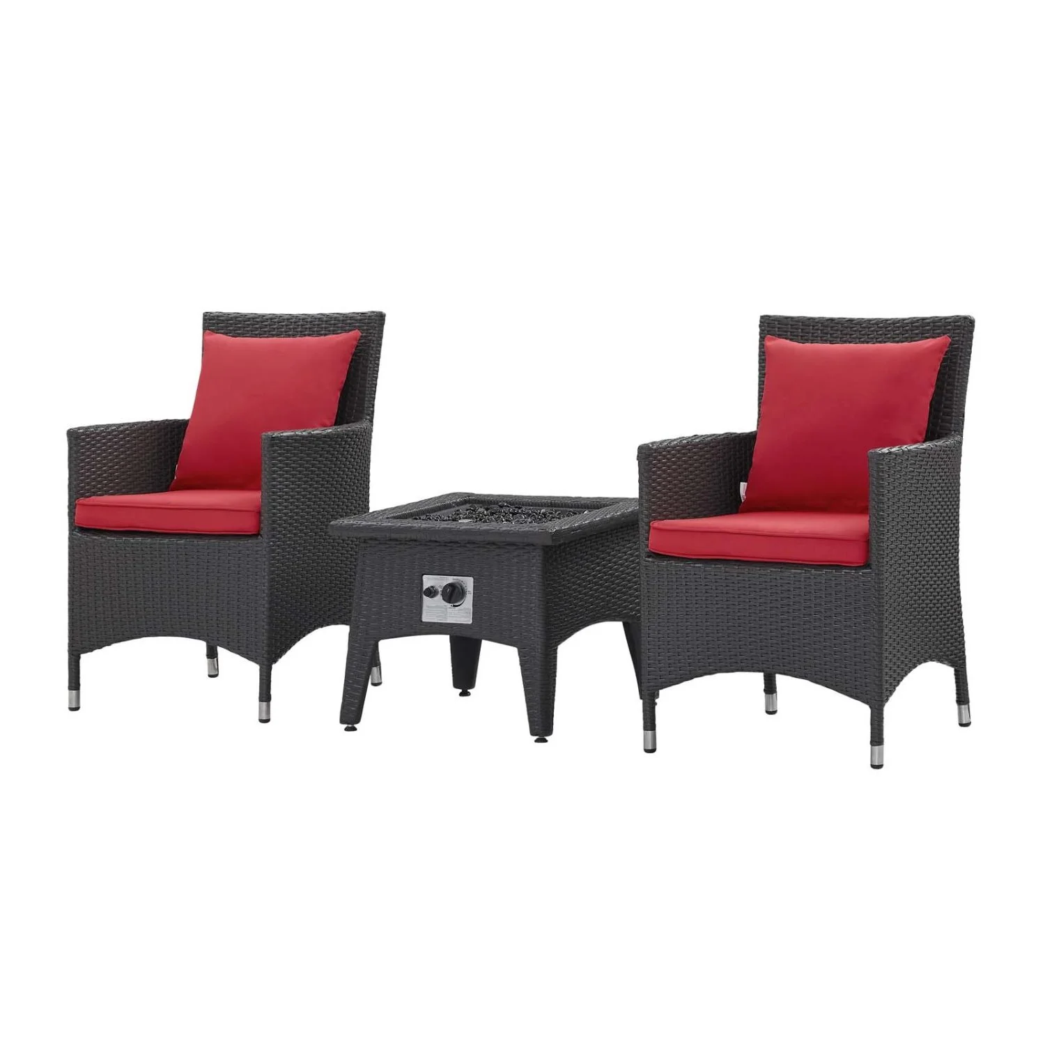 Side Dining Chair and Fire Pit Set, Red, Rattan, Wicker, Outdoor Patio Balcony Cafe Bistro Garden Hospitality Restaurant, Modern Contemporary HB33266