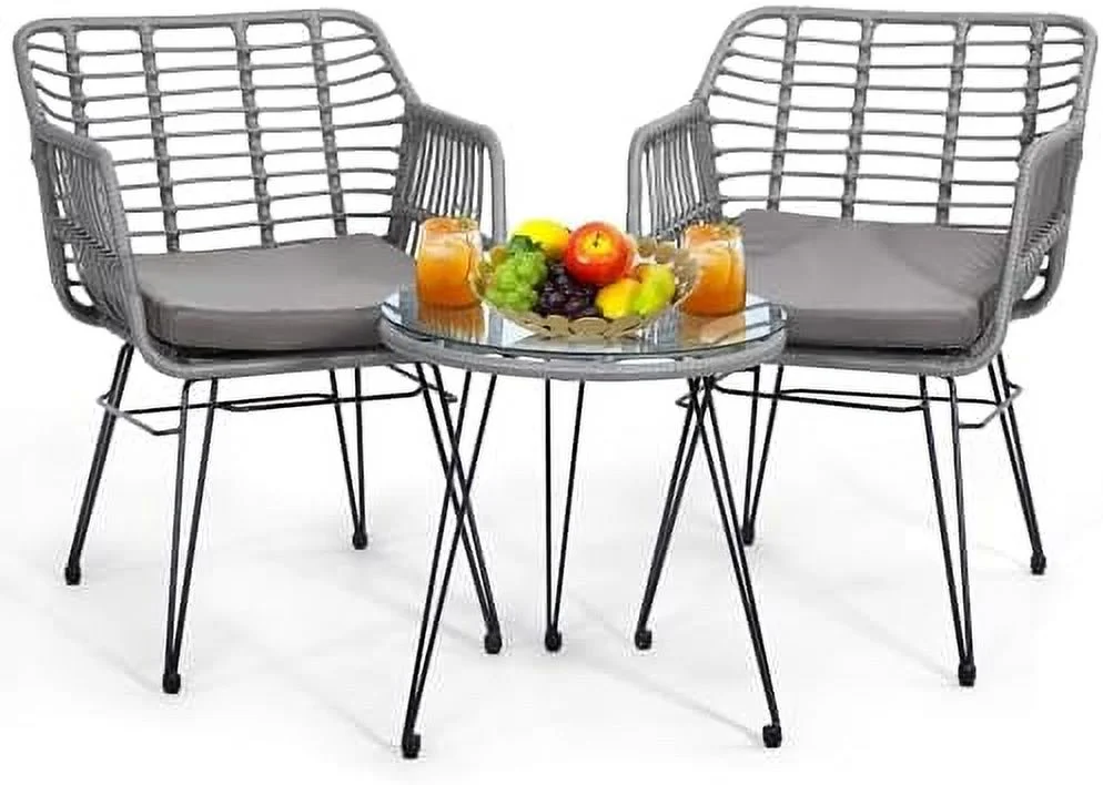JDZHAPPYLIFE 3 Pieces Wicker Patio Bistro  Set  Includes 2 Chairs and Glass Top Table  Ideal for Porch  Outdoor  Backyard  Apartment  Balcony Black Color