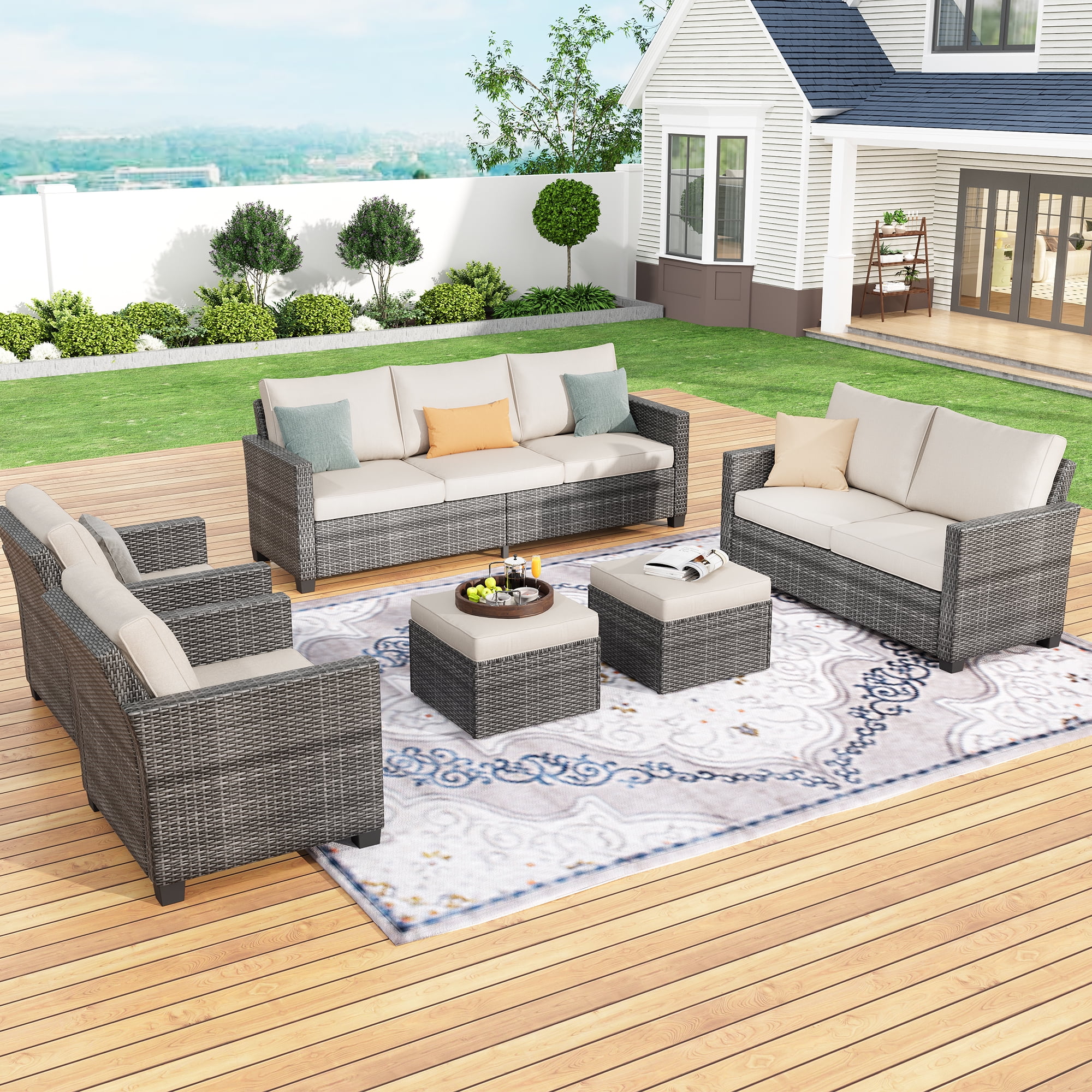 GAOMON 9 Seats Outdoor Wicker Sectional Conversation Set, 6 Pieces Rattan Patio Furniture Set for Garden, Poolside, Backyard, 2 x Single Chair, 2-Seat Sofa, 3-Seat Sofa and 2 x Ottoman