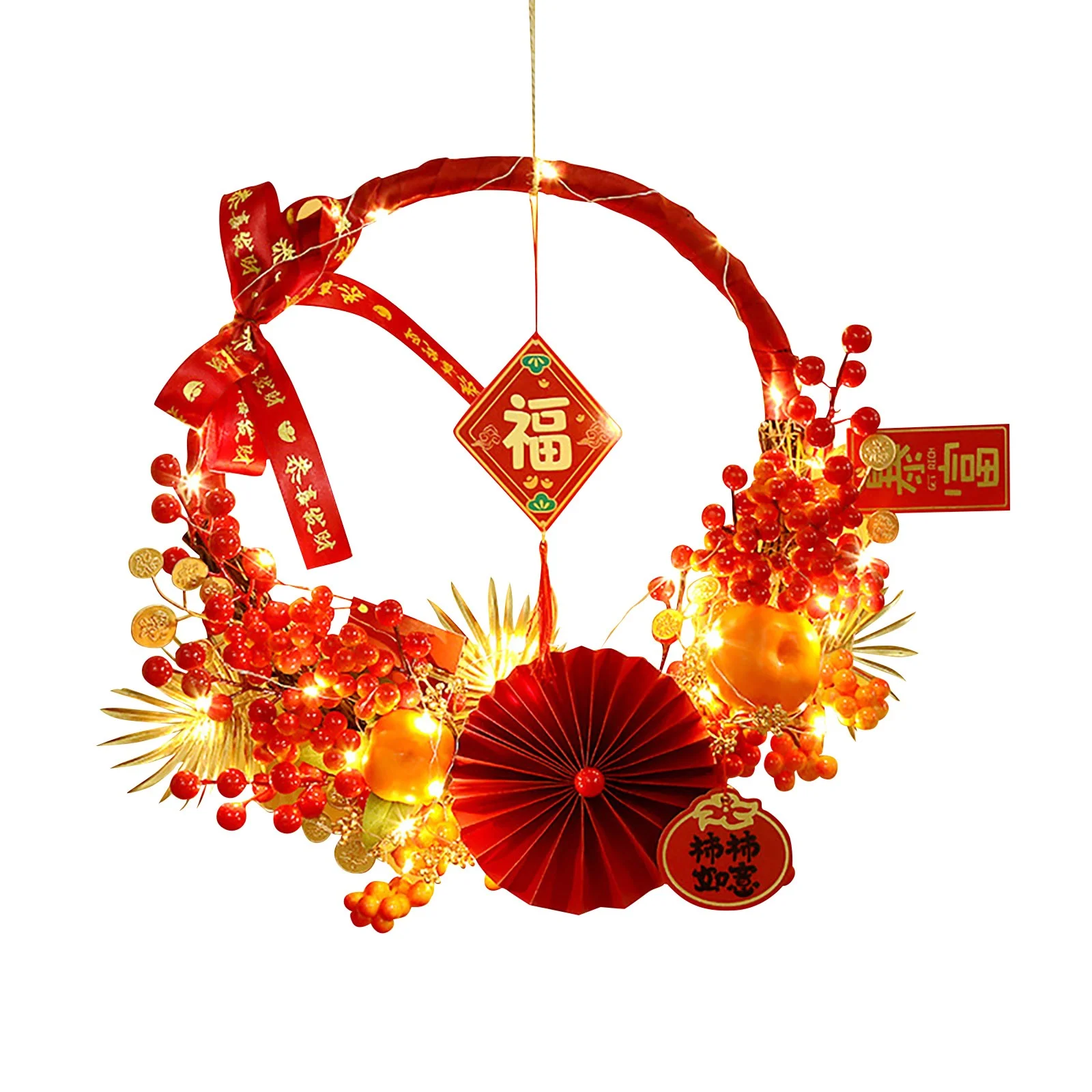 YHAIOGS Modern Farmhouse Decoration Chinese New Year Wreath Wreath Front Door 2024 Wreath Wall Festival Outdoor Fireplace LED Red Berry Home Decoration Wreath for New Year and