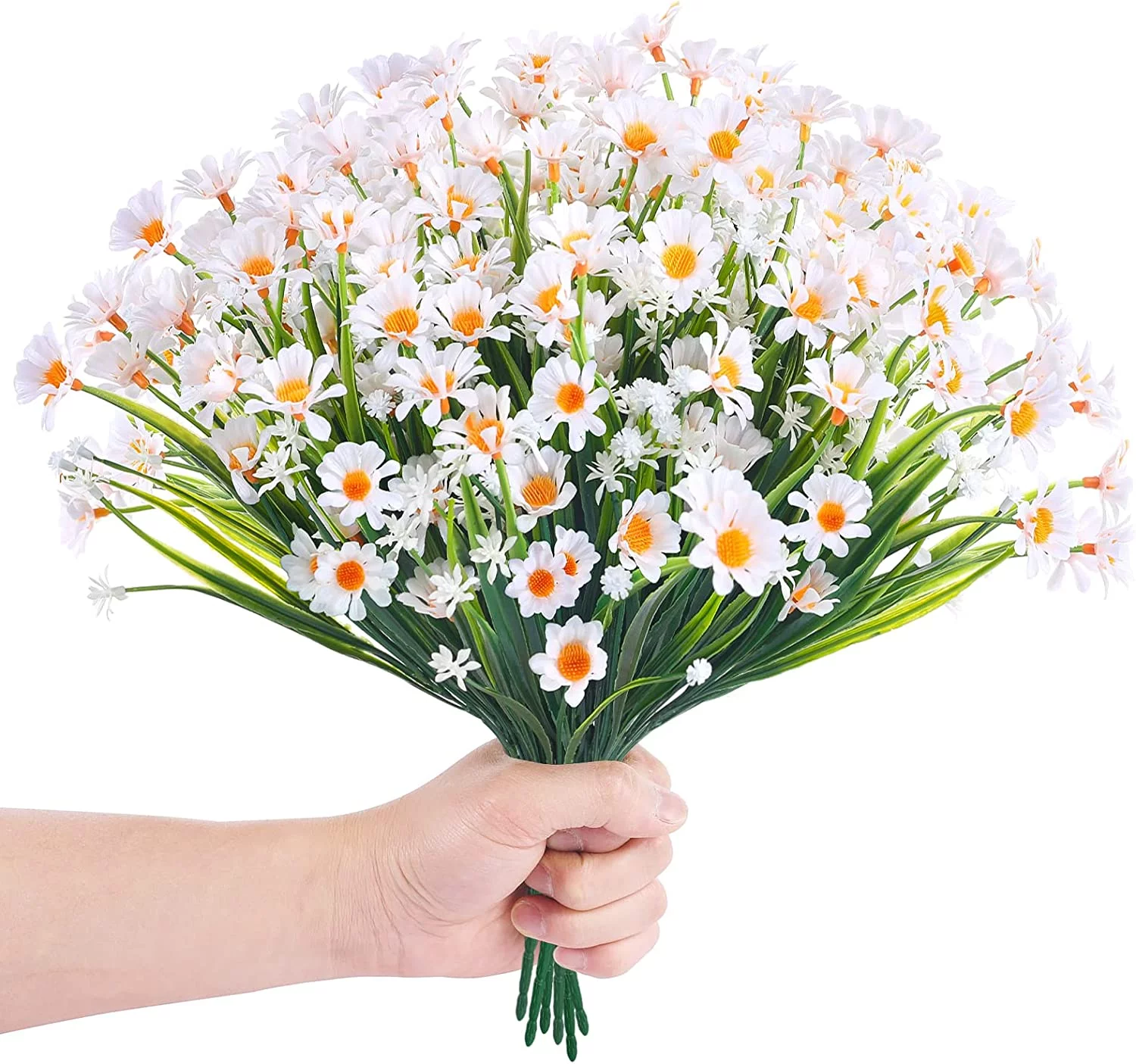 6 Bundles Artificial Daisies Flowers, UV Resistant Faux Flowers, Fake Plastic Flowers Shrubs for Indoor Outdoor Garden Window Box Home Wedding Decor(White)