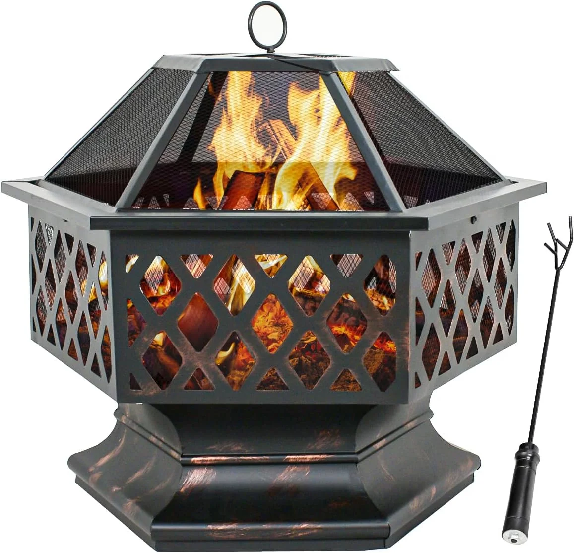 Hex-Shaped Fire Pit with Fire Picker for Garden 24 Inch Wood Burning Bonfire Firebowl Outdoor Portable Steel Firepit with Flame-Retardant Mesh Lid for Patio Backyard Garden Beach Camping Picnic¡­