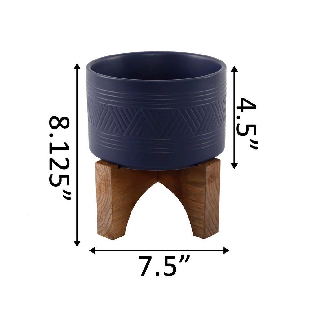 Flora Bunda  7' Mountain Ceramic Planter on Wood Stand,Matte Navy