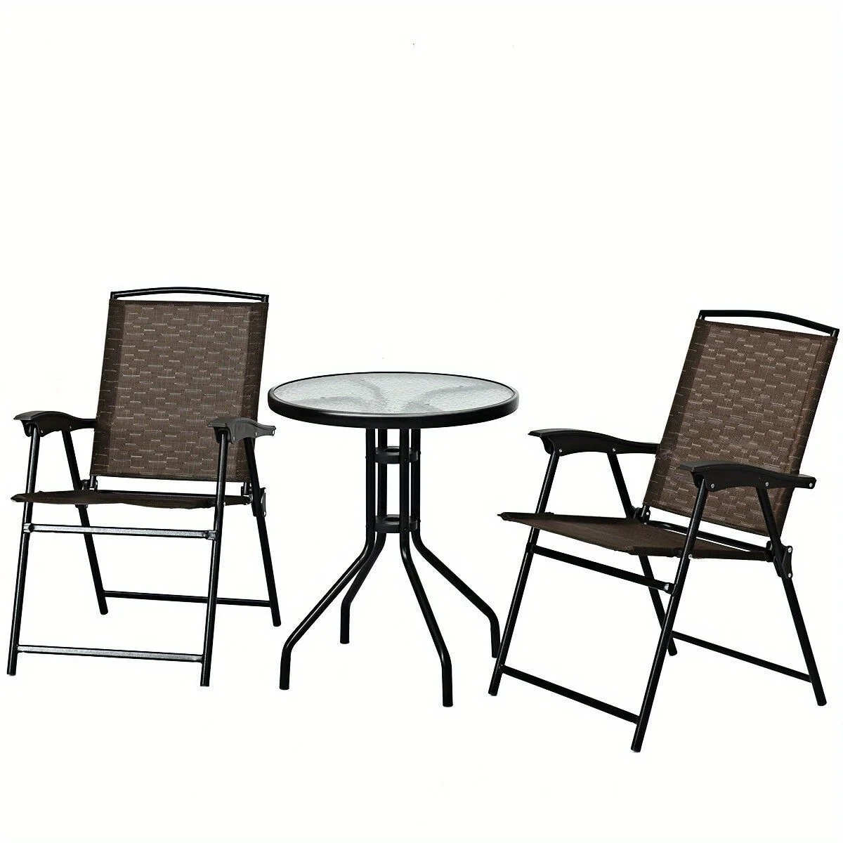 3PC Bistro Patio Garden Furniture Set 2 Folding Chairs Glass Table Top Steel NEW