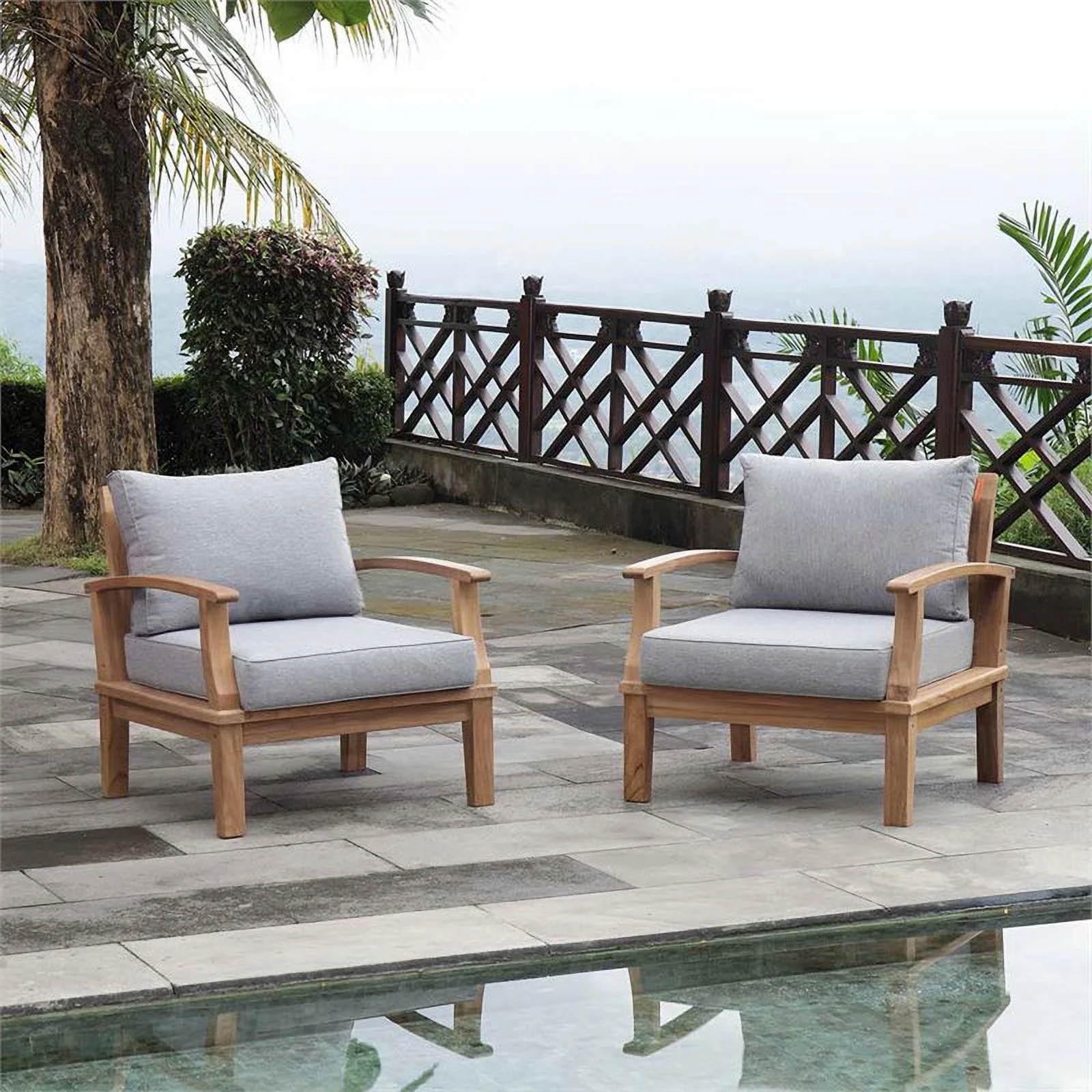 Afuera Living 2-Piece Solid Teak Wood Patio Sofa Sectional Set - Natural / Gray