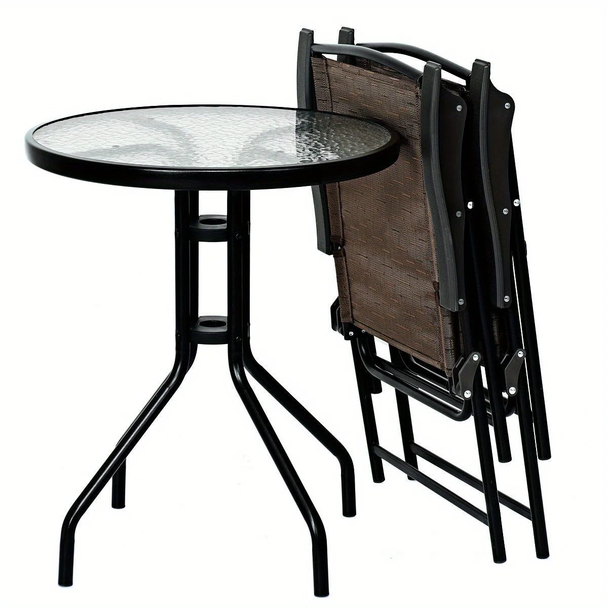 3PC Bistro Patio Garden Furniture Set 2 Folding Chairs Glass Table Top Steel NEW