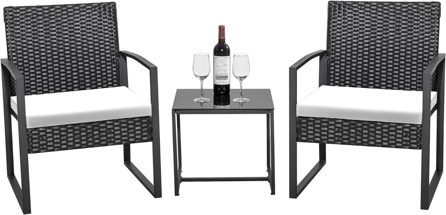 Balcony 3 Piece Furniture Table Garden Backyard Outdoor Patio Use Porch Chairs Cushioned PE Wicker Bistro Set Rattan (White)