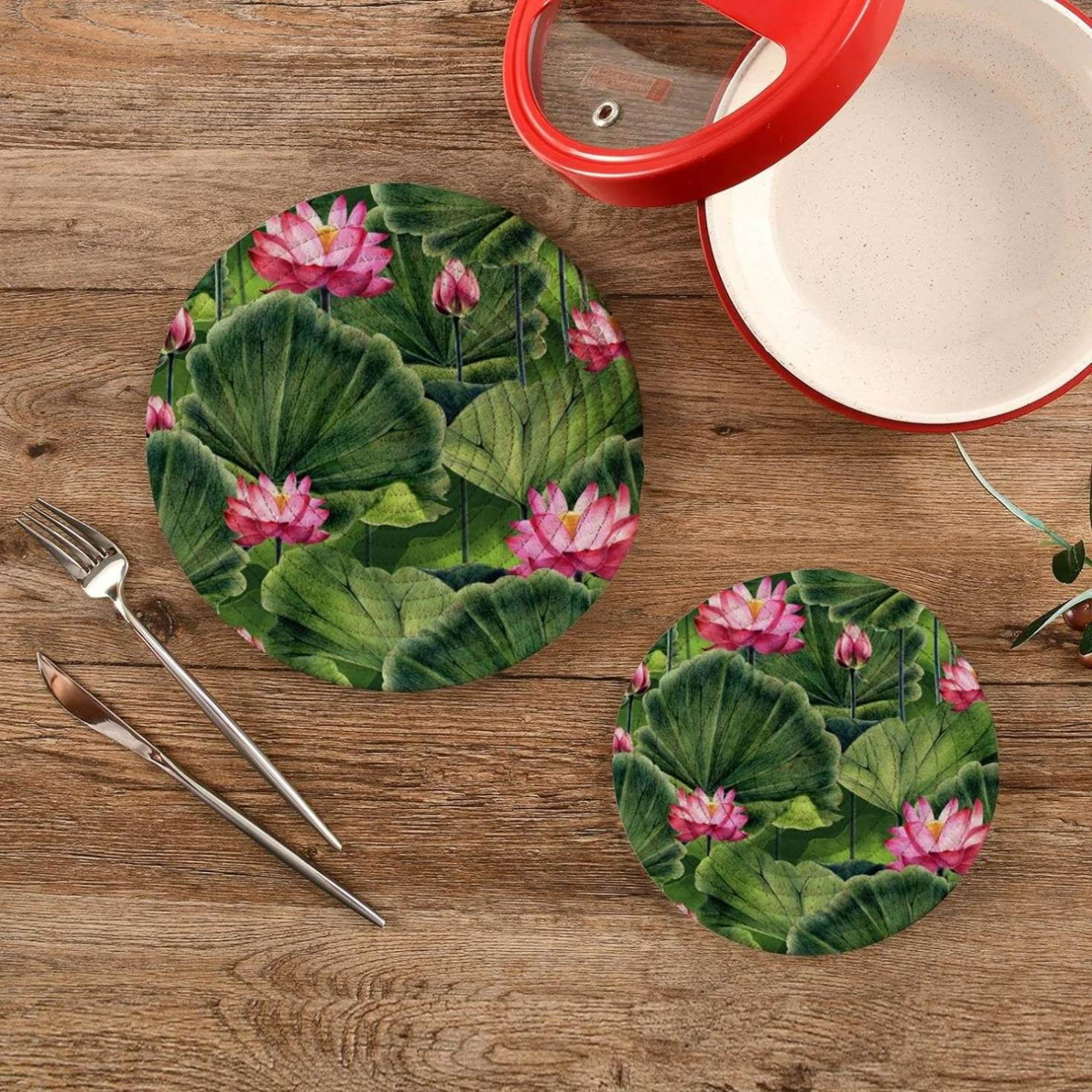 Summer Oriental Lotus Potholders Set Trivets Set 100% Pure Cotton Thread Weave Hot Pot Holders Set of 2, Water Lily Stylish Coasters, Hot Pads, Hot Mats,Spoon Rest For Cooking and Baking