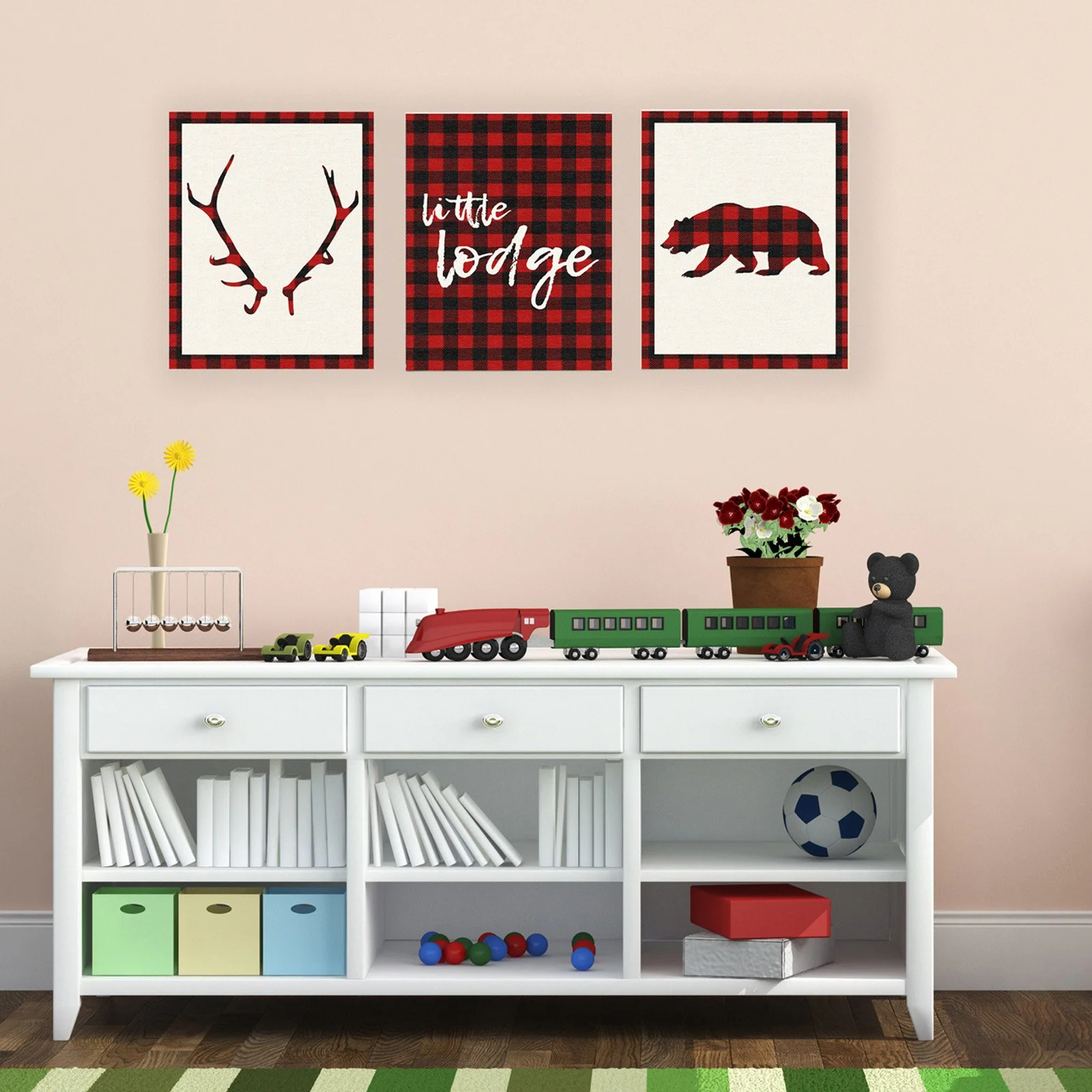 The Stupell Home Decor Collection Little Lodge Antler Bear Plaid Wall Plaque Art - Set of 3