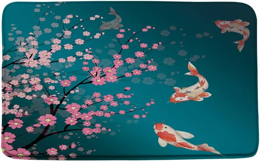 Cherry Blossoms Bath Mat Asian Decor Red Plum Blossom Bloom Trees Branch Koi Tradition Japanese Ink Painting Art Abstract Natural Bathroom Decor Indoor Carpet Bathtub Rugs 17.7 x 29.5 Inch