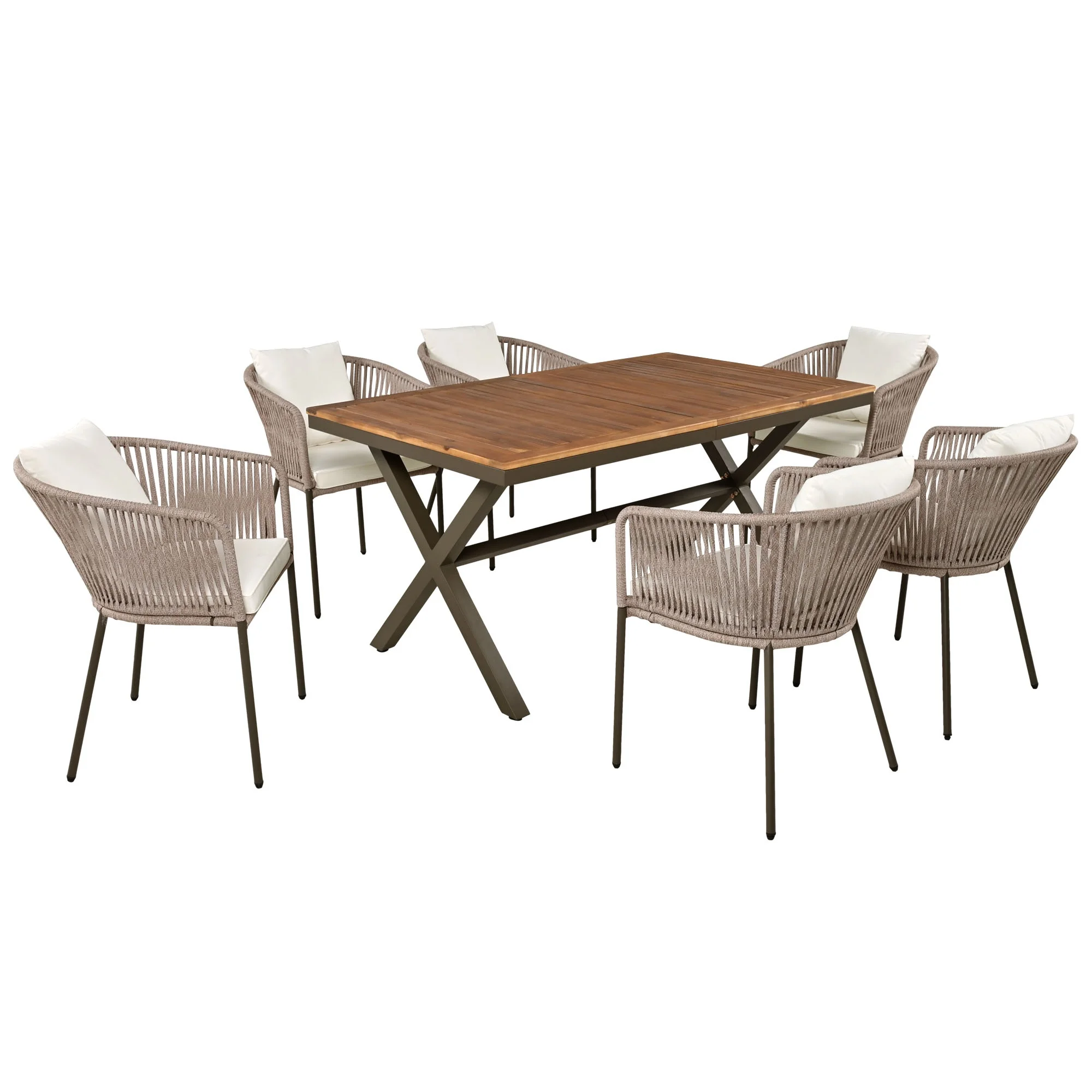 7 Piece Dining Table Set,All-Weather Outdoor Furniture Set with Dining Table and Chairs, Patio Dining Table with Metal Frame and Acacia Wood Tabletop for Garden, Backyard, Balcony, Beige