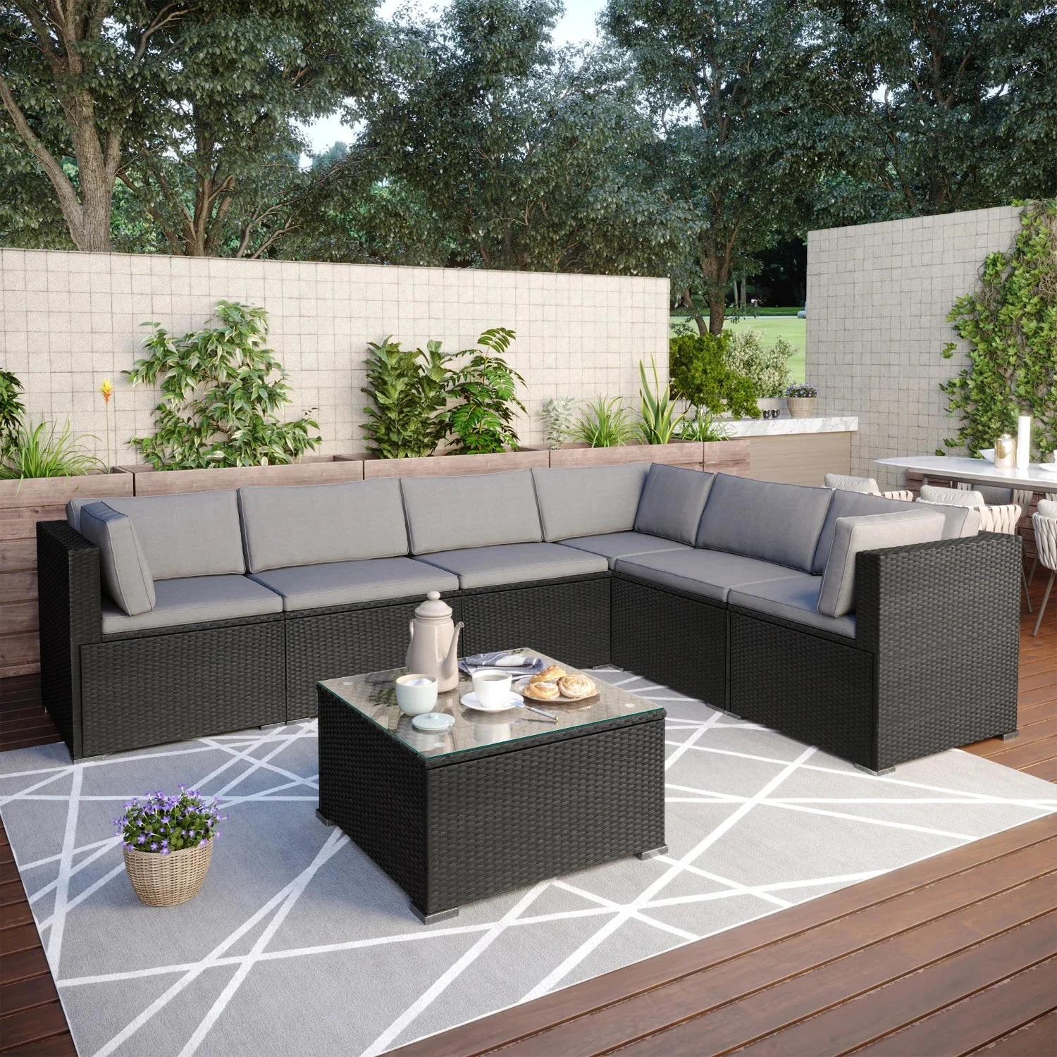 Patio Furniture 7Pcs Set Outdoor Sectional Conversation Set 3 Corner Sofa+3 Middle Sofa+1 Coffee Table w/ Soft Cushion[US-Depot]