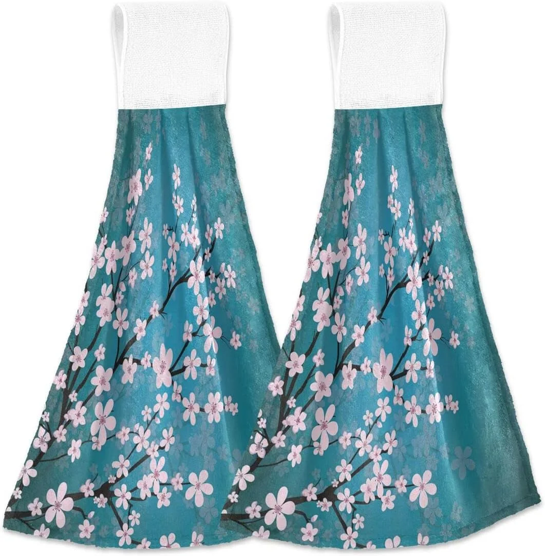 Bestwell Plum Blossom Kitchen Hand Towels Asian Cherry Flower Hanging Tie Towel with Hook & Loop Elegant Floral Absorbent Bathroom Towels Soft Washcloths Dish Cloth
