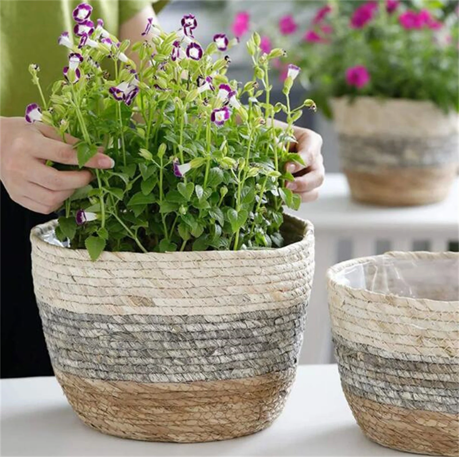 LHWEN Woven Basket Planter Natural Seagrass Geometric Design Indoor and Outdoor Use Drainage Holes Plants Storage Home Decor Housewarming Christmas Thanksgiving Dimensions 22x15x14 Inches