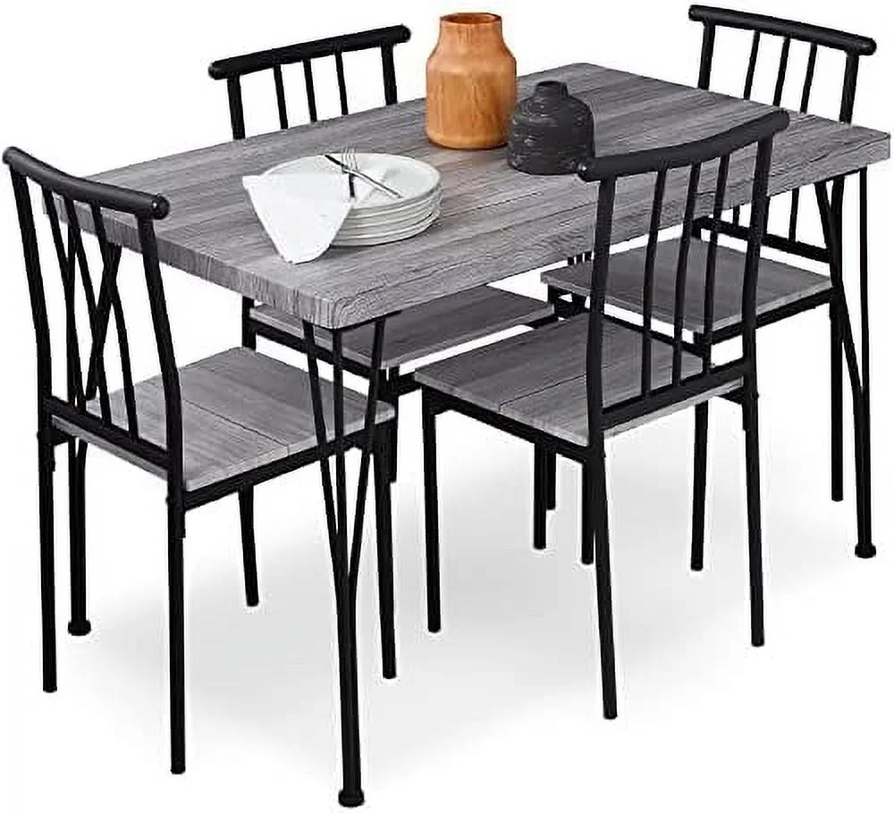 GFVCNIO 5-Piece Metal and Wood Indoor Modern Rectangular Dining Table  Set for Kitchen  Dining Room  Dinette  Breakfast Nook w/ 4 Chairs - Black