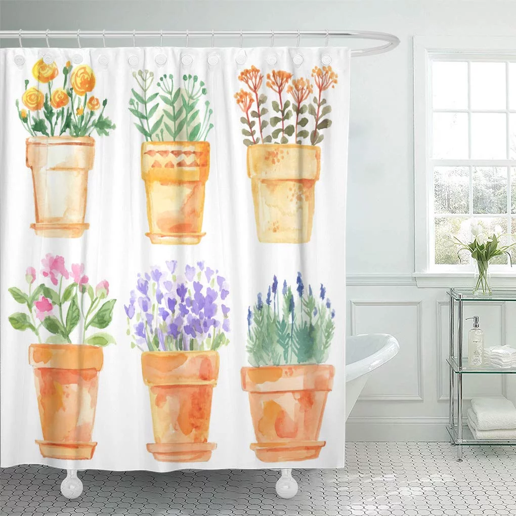 CYNLON Colorful Blue Plant Flowers in Pot Watercolor White Lavender Bathroom Decor Bath Shower Curtain 66x72 inch