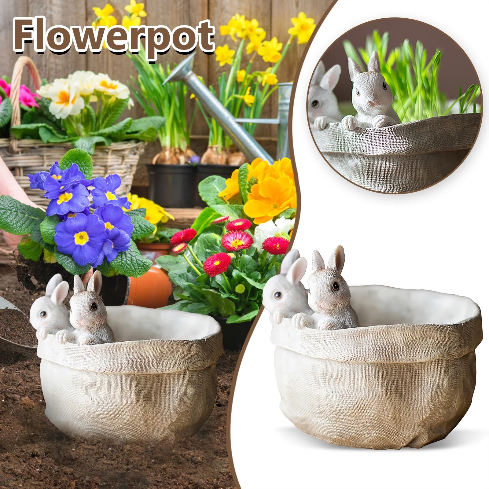 Jierger Cute Bunny Resin Planter Pots Animal Succulent Planter Decor Garden Pots Resin Shaped Statue Balcony Patio Rabbit Flower Pot(4x6.9inch)