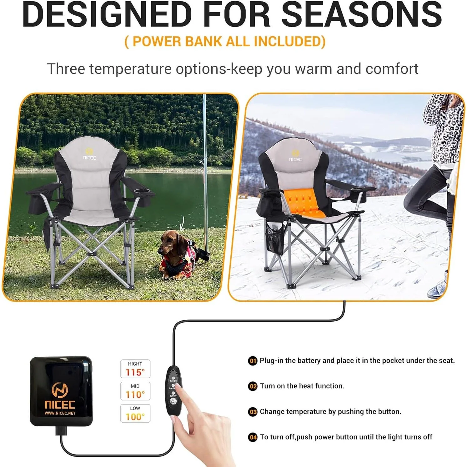Heated Camping Chair, Heated Chair, Beach Chair, Folding Chair, Extra Wide
