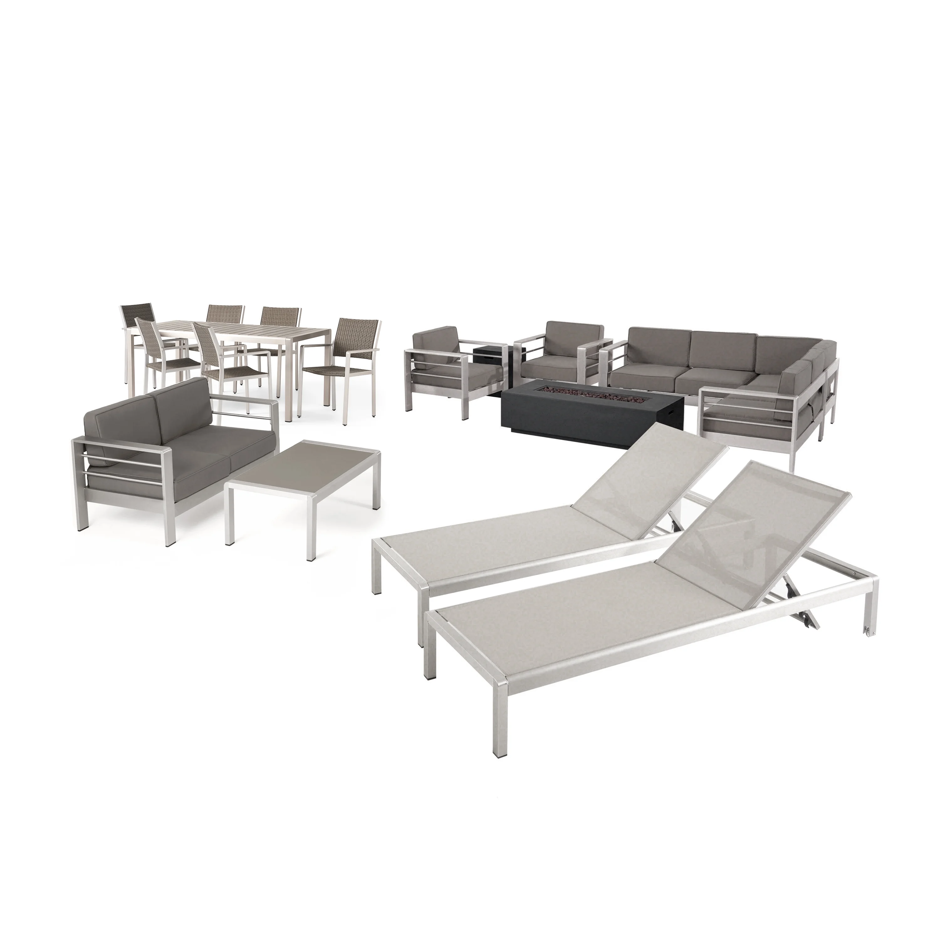 GDF Studio Nikolas Outdoor 18 Piece Aluminum Estate Collection with Fire Pit, Silver, Gray