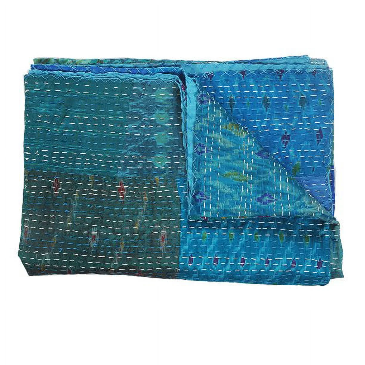 Vinsan Home Indian Handmade Kantha Quilted Vintage Kantha Silk Quilt Boho Indian Patchwork Coverlet Throw Bedspread Blanket Bedcover Bedding Home Decorative Gudri Turquoise Color Queen Size 90