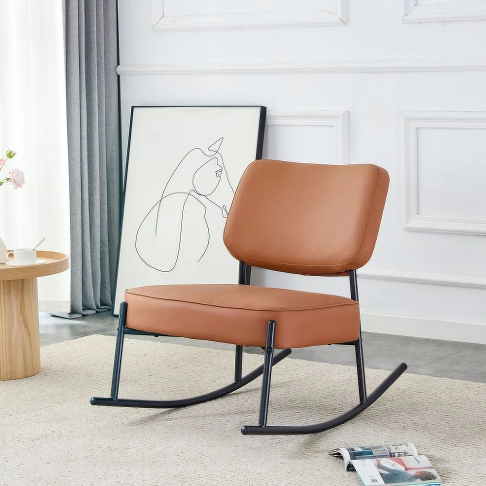 JHOOTUUO PU  cushioned rocking chair  unique rocking chair  cushioned seat  brown backrest rocking chair  black metal legs. Comfortable side chairs in the living room  bedroom  and office