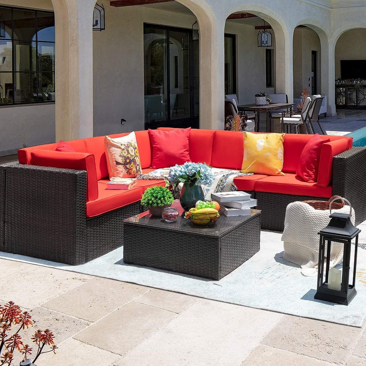 Homall  6-piece Rattan Wicker Outdoor Patio Furniture Set Red