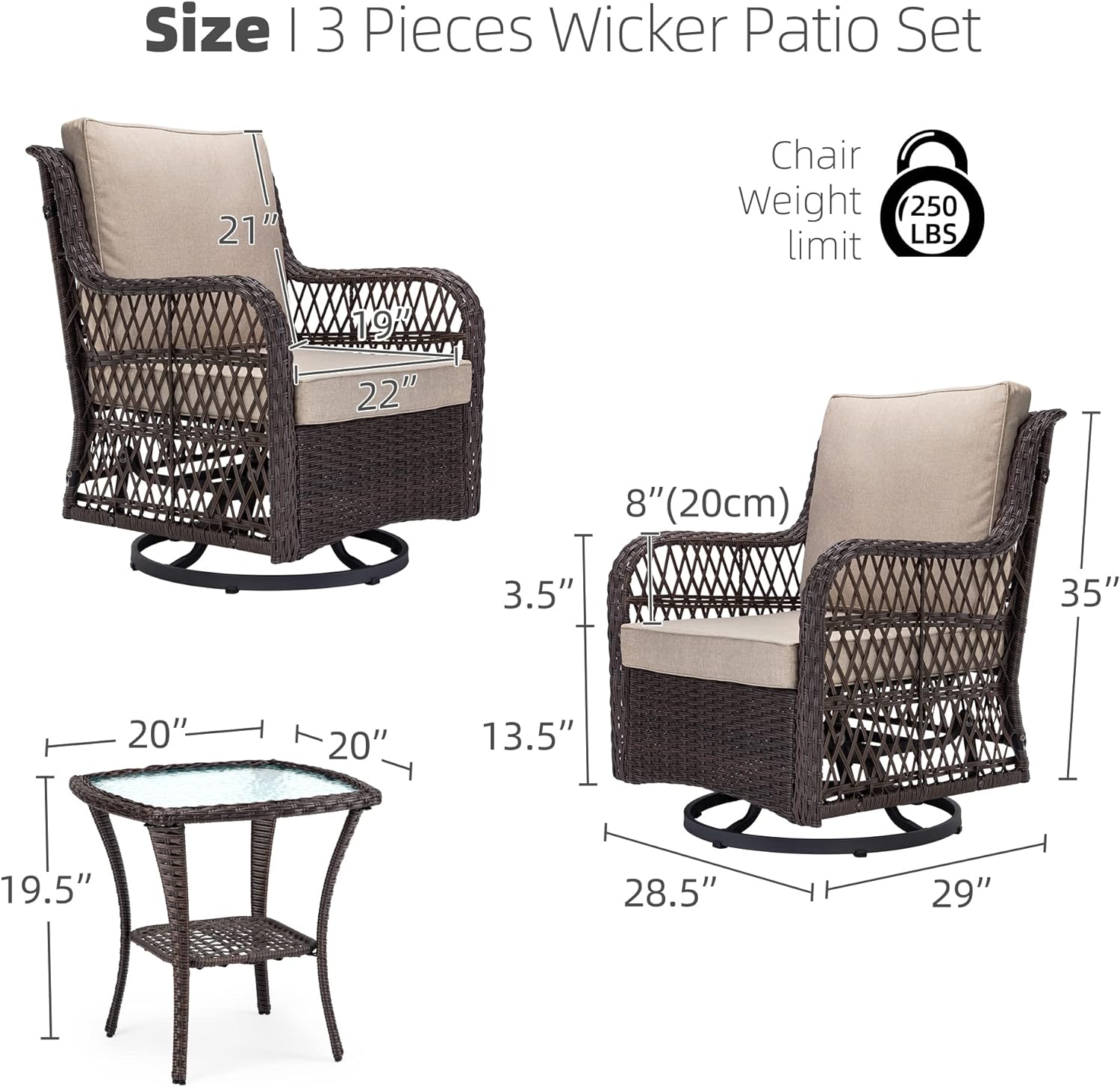 YANRUI 3 Pieces Outdoor Wicker Swivel Rocker Patio Set, 360-Degree Swivel Rocking Chair Elegant Wicker Patio Bistro Set with Tempered Glass Top Side Table (Beige)