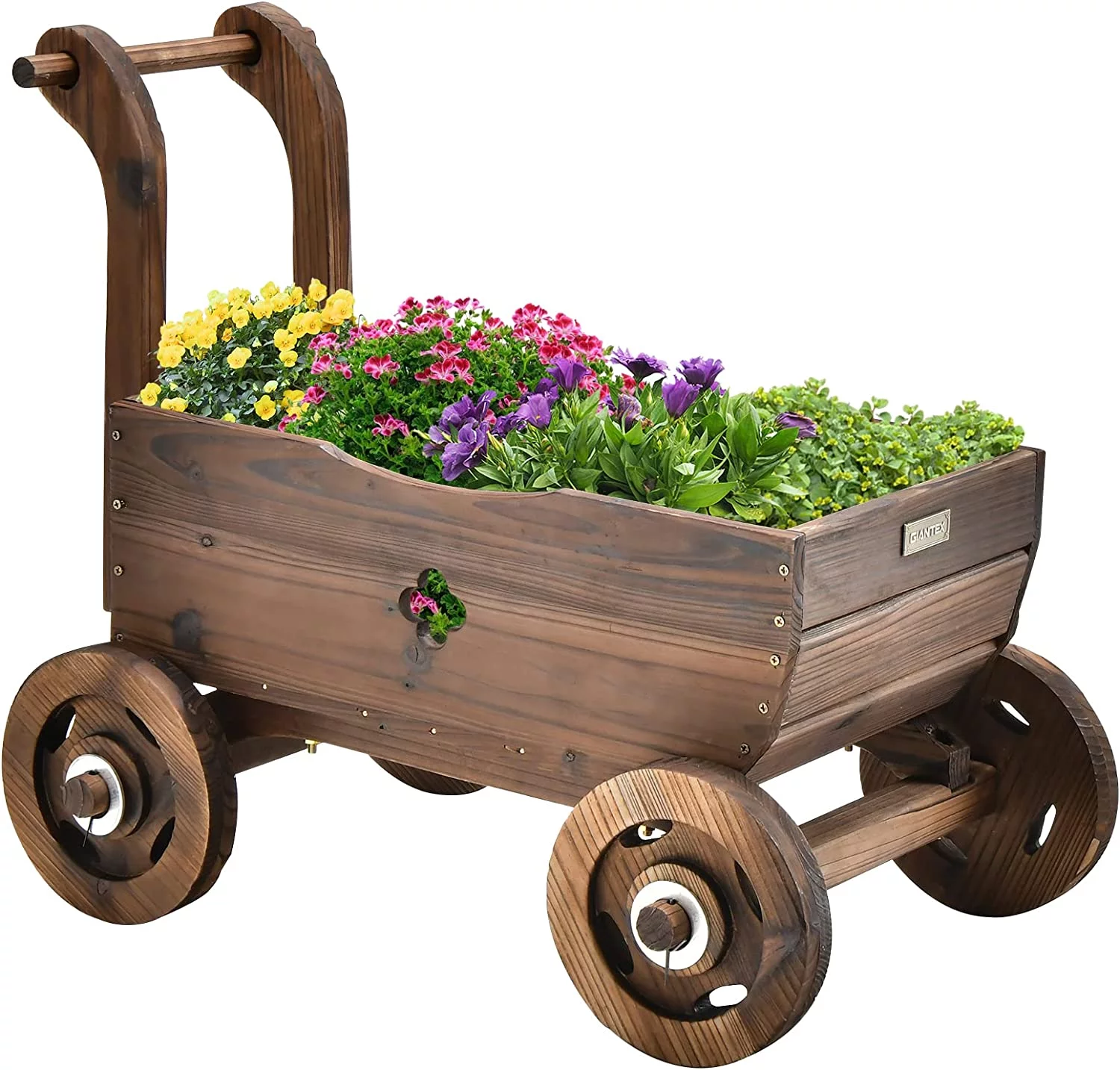 Wooden Wagon Planter Raised Bed on Wheels, Handle, Drainage Hole, Decorative Wagon Cart, Rustic Flowerpot Planter, Mobile Plant Pot Stand, Indoor & Outdoor Patio Garden Balcony