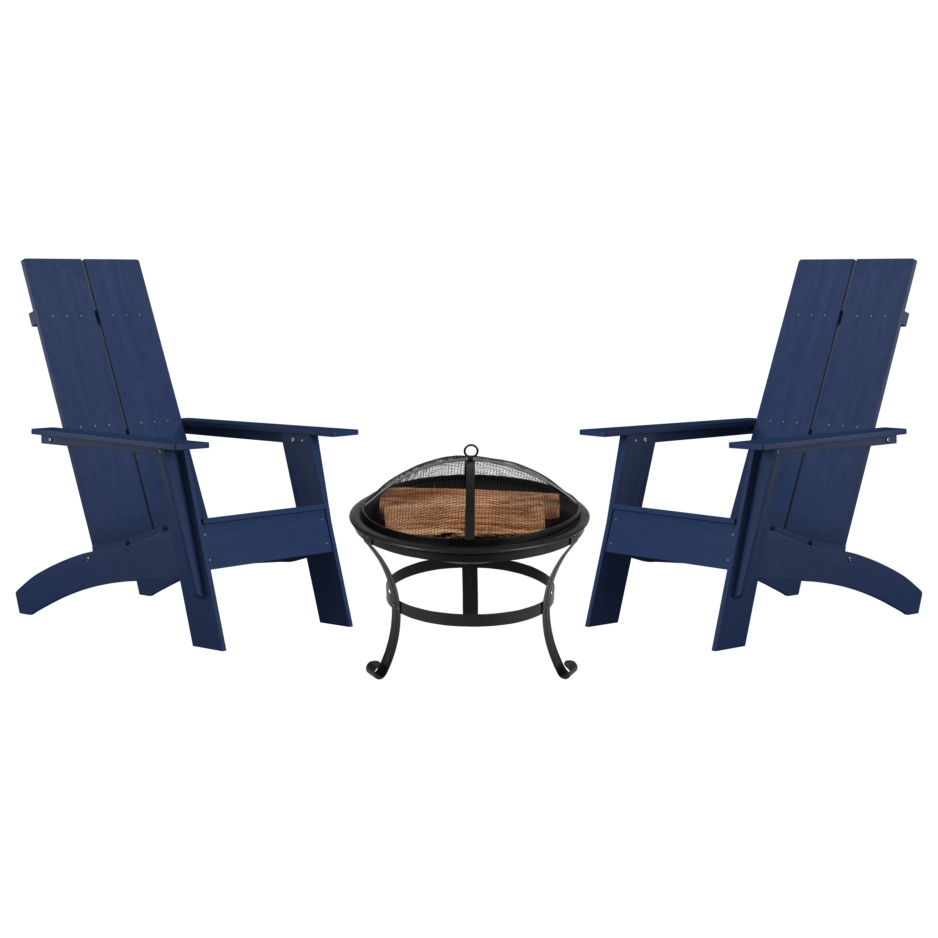 Flash Furniture Finn 3 Pcs Fire Pit with Adirondack Rocking Chairs, Navy