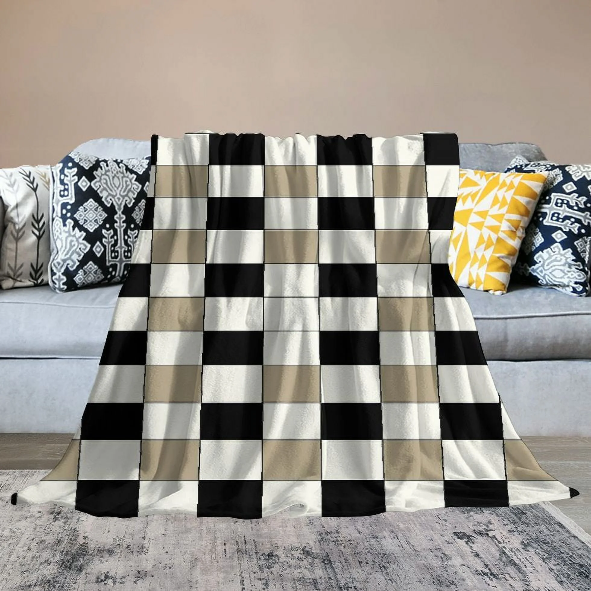 WERPE Buffalo Plaid Throw Blanket for Couch - Farmhouse Throw with Check Pattern - Soft Woven with Decorative Fringe - Lightweight for Bed, Sofa, Chair, Office, Outdoor (Black) White