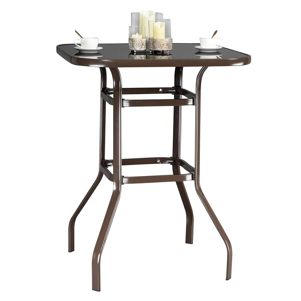Wrought Iron Glass High Patio Bar Table Brown
