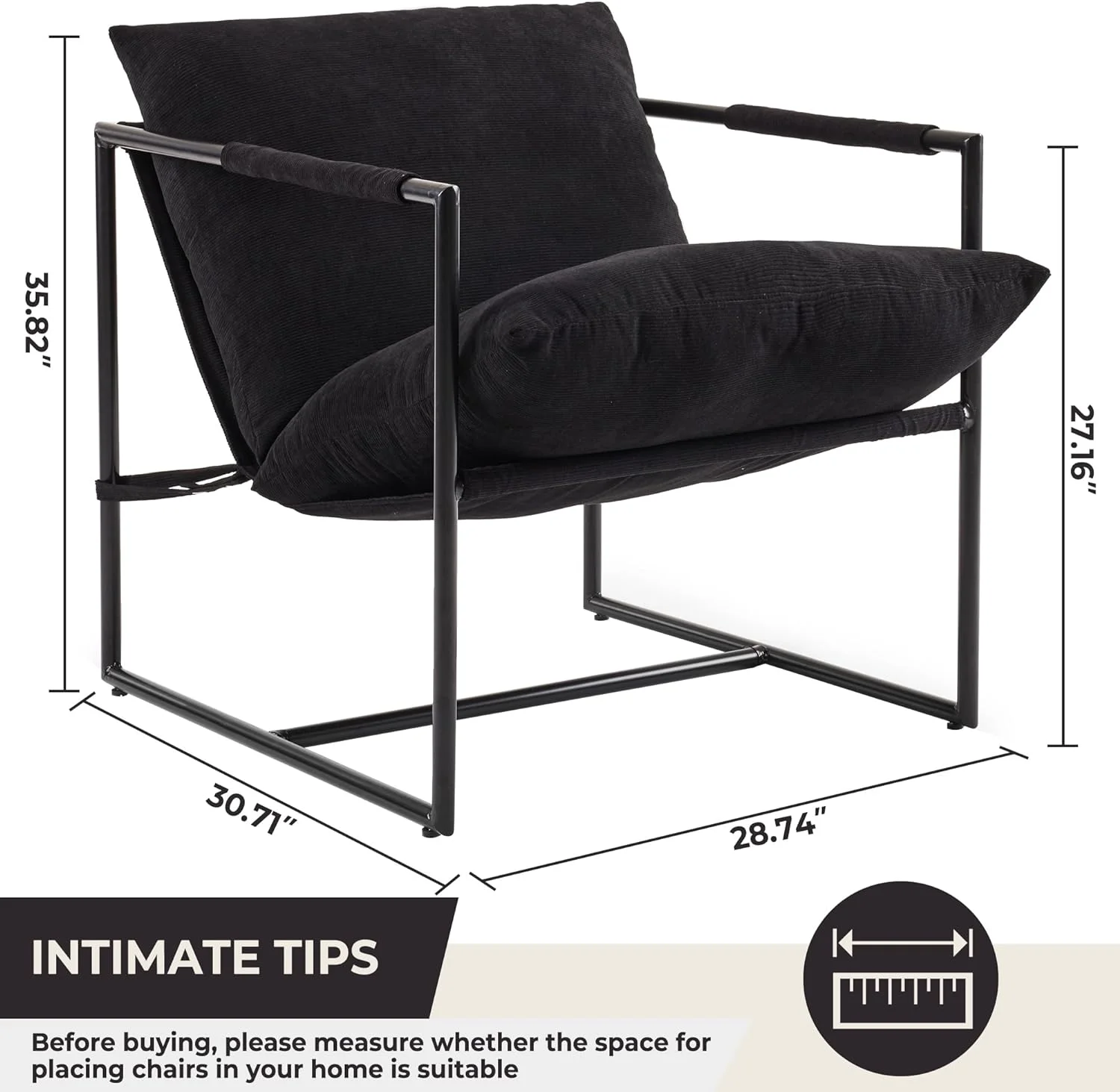 RSJIWOGZ Kosydown   Sling Chair Large Modern Armchair  Room Bedroom Reading Office Metal Frame Upholstered Soft Cushion Cozy Decorative Relxing Comfortable Chair (Black-Corduroy)