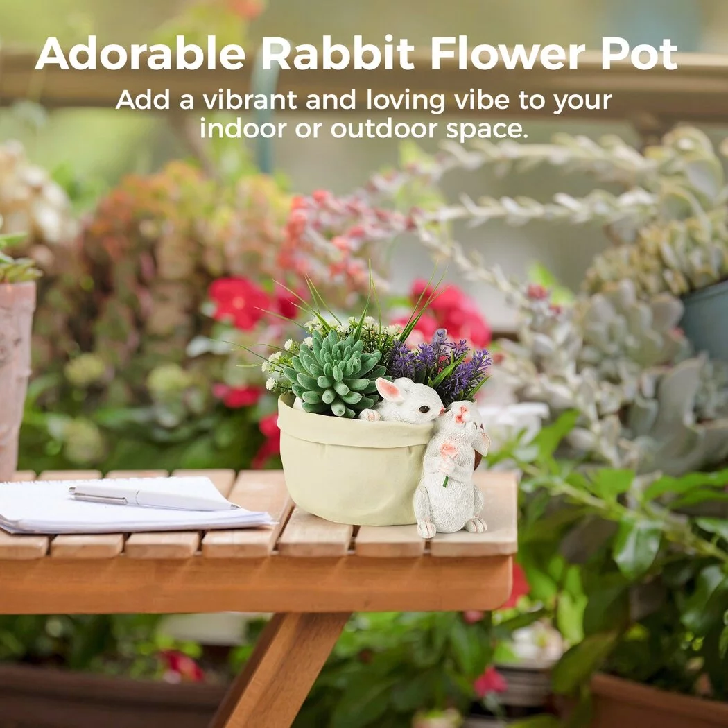 Rabbit Flower Pot, Succulent Planter with a Hole at Bottom, Decorative Resin Painted Bunny Flower Pot, Animal Shaped Cartoon Planter, Large Pen Holder, Home Office Garden Decoration