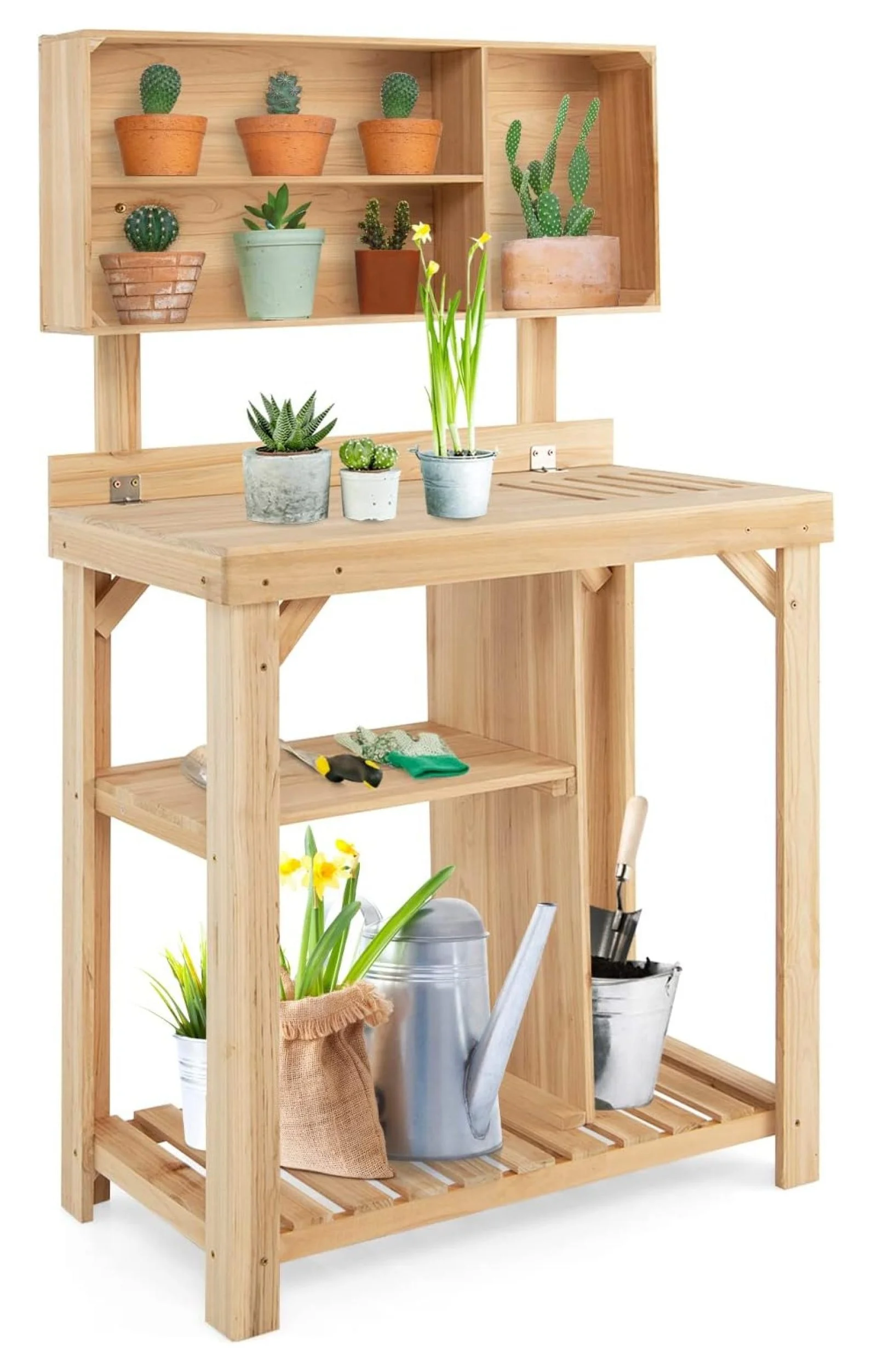 Garden Potting Bench, Wood Potting Station w/Bottom Shelves & Top Compartments, Garden Workstation for Gardening Tools and Potted Plant, Outdoor Garden Table for Backyard Patio Balcony