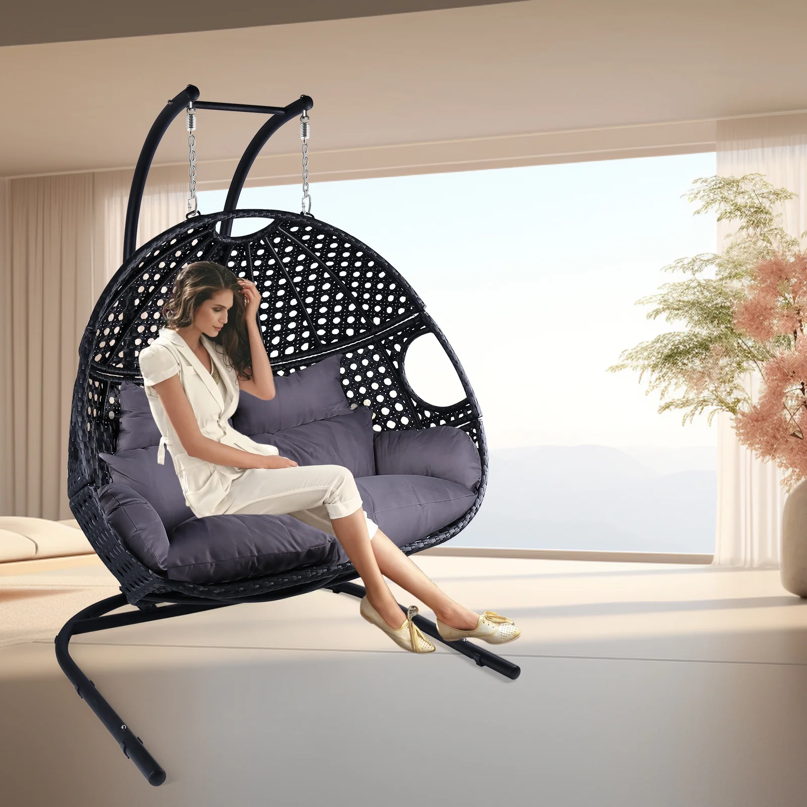 Double Swing Egg Chair with Stand Extra Large Wicker Swing Egg Chair, Durable Rattan Frame Comfortable UV Protection Cushions, 530 lbs Capacity , Indoor and Outdoor, Suitable for Yard Garden Patio Bal