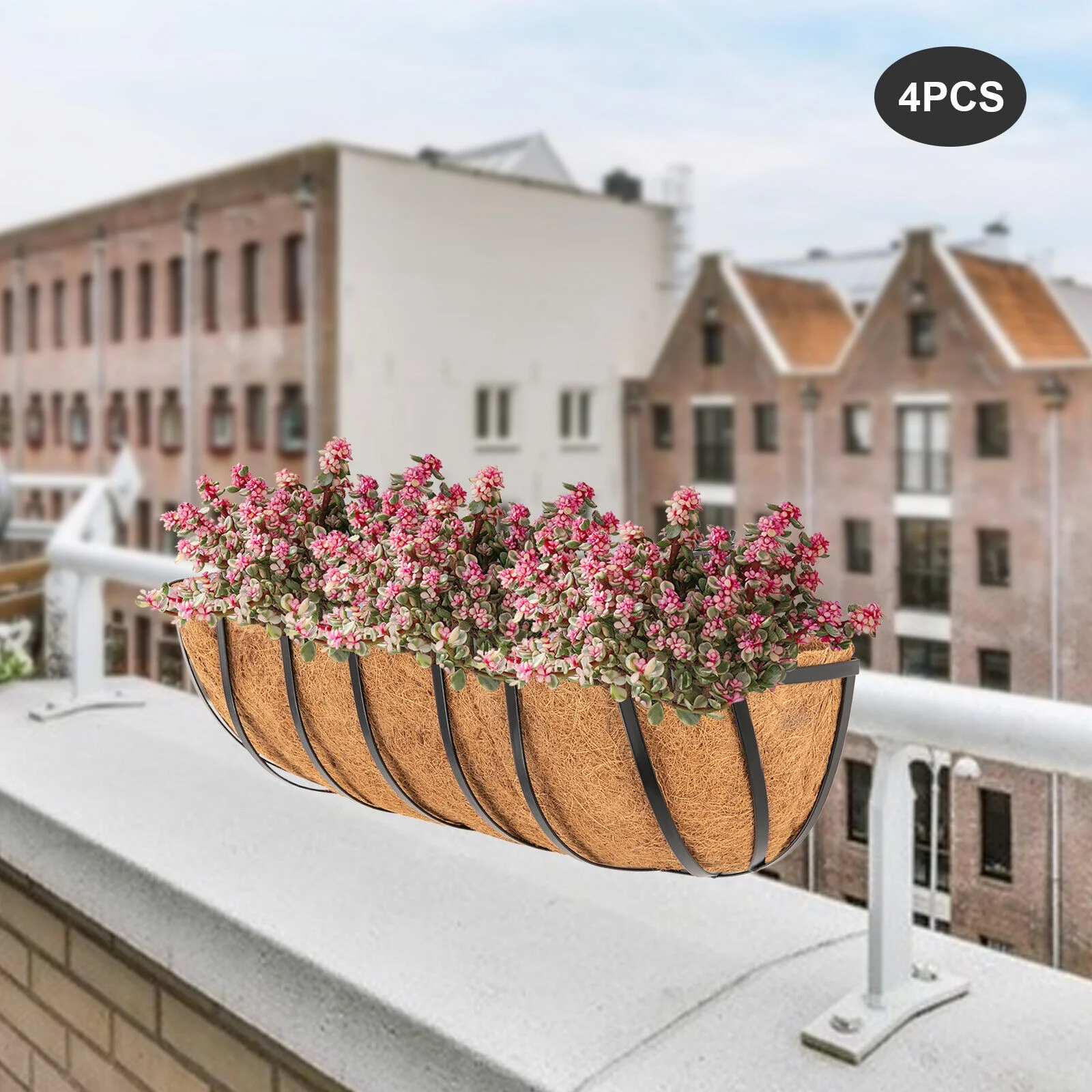 24inch Deck Railings Flower Boxes, Set of 4 Deck Railing Planter Boxes Window Boxes Hanging Flower Planter Boxes for Garden Lawn Window Basket Railing Window Boxes for Outdoor& Indoor