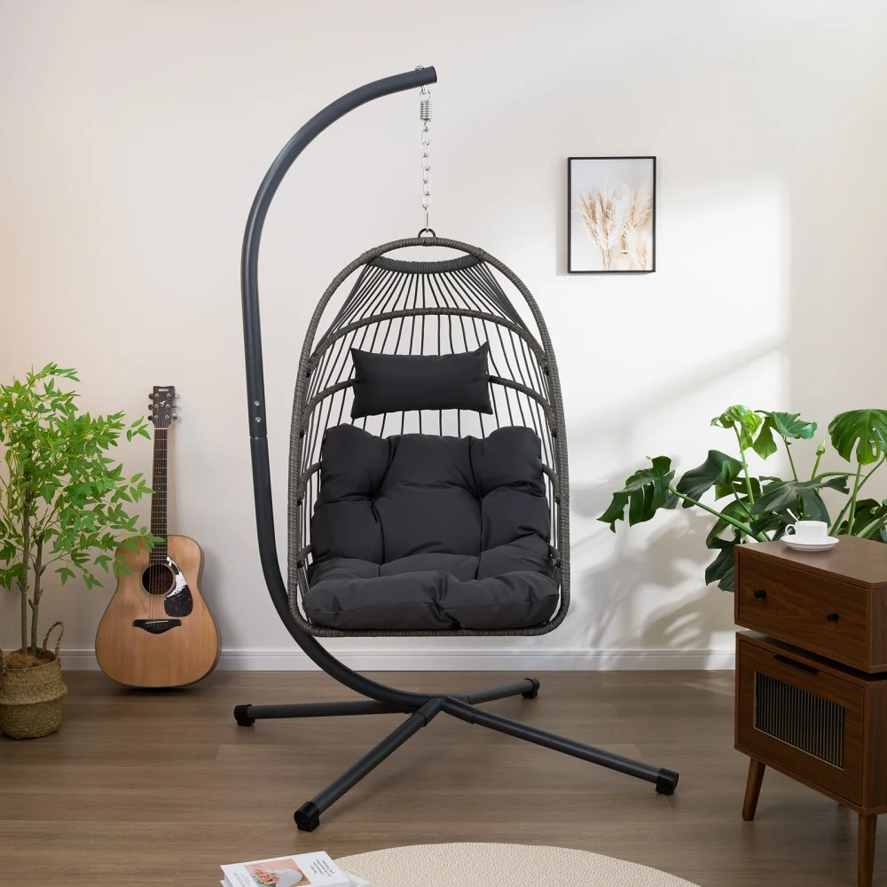 MIDODO Hanging Egg Chair with Stand, Foldable Indoor Outdoor Wicker Rattan Hanging Swing Chair Egg Basket Chairs for Outside Backyard Balcony