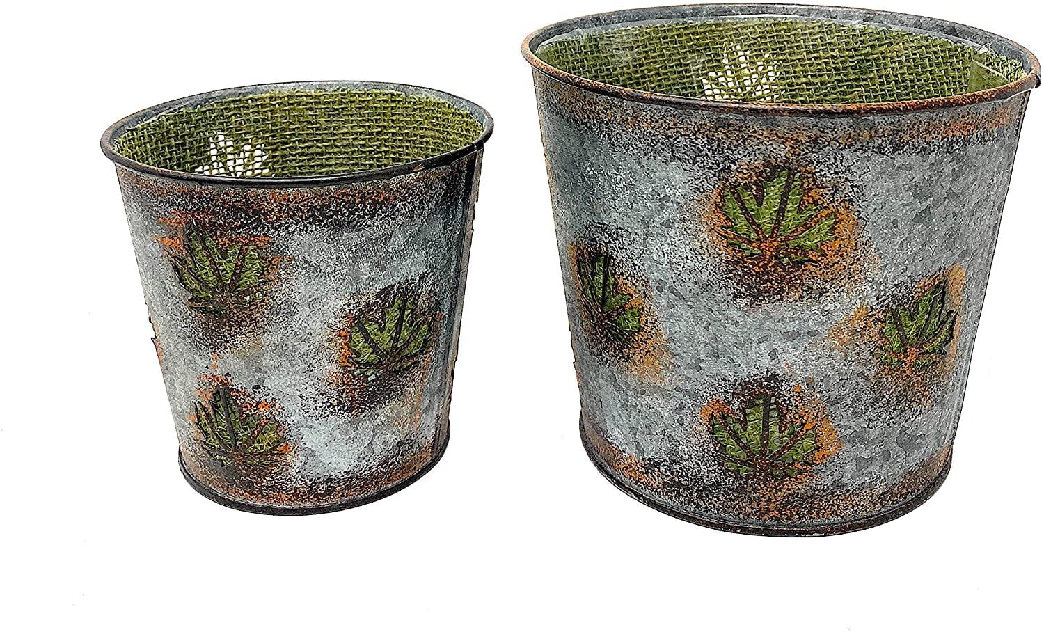 S/2 Metal Pots Planters Buckets Fall Autumn Thanksgiving Decor Maple Leaf Design Indoor Outdoor 5.5