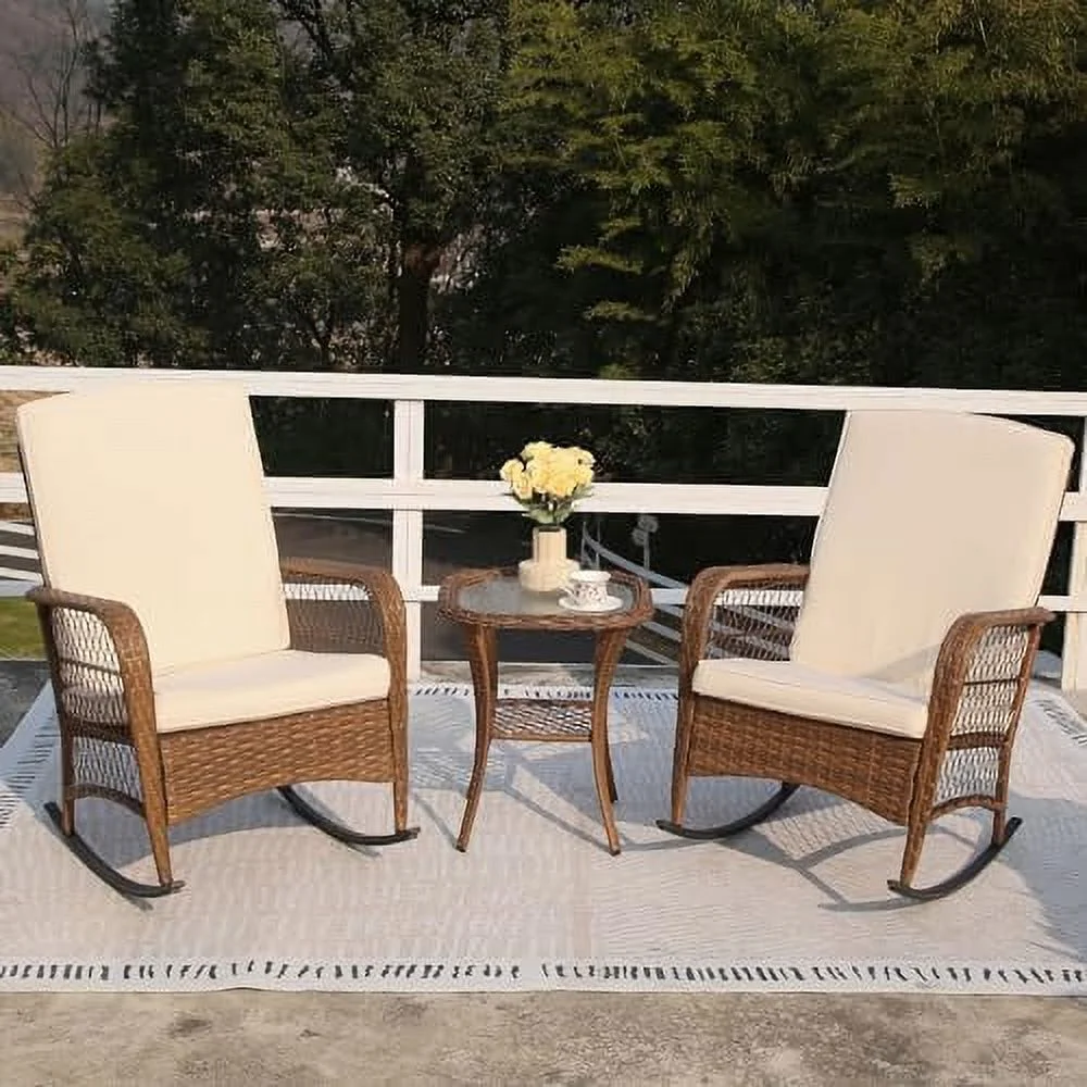 TQSBRZJ 3 Pieces Outdoor Wicker Rocking Chair Set  Wicker Bistro Sets with Cushion and Tempered Glass   PE Rattan Patio Rocker Chairs Set for Balcony  Lawn and Porch Poolside Grey